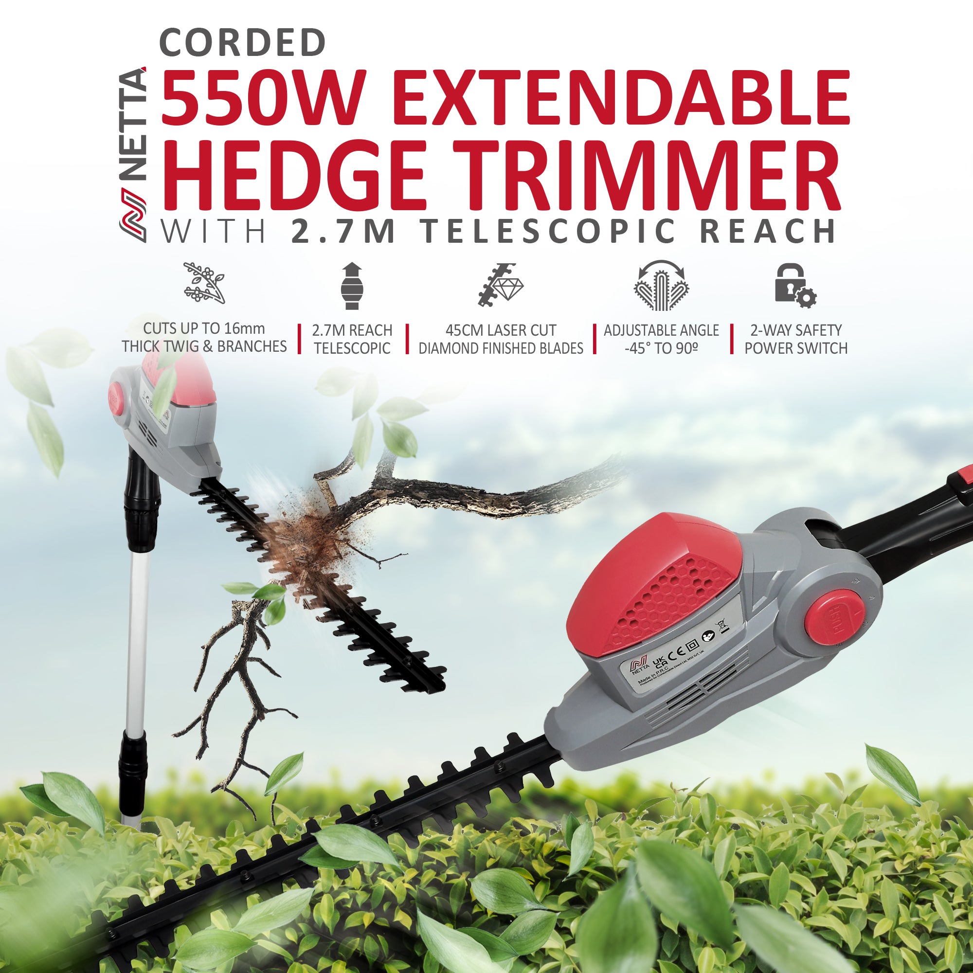 NETTA 550W Corded Pole Hedge Trimmer with 2.7M Extendable Reach