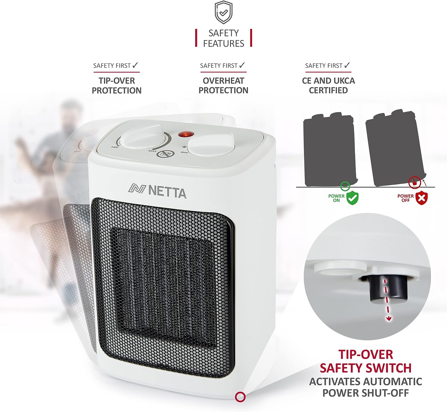 NETTA Heater Ceramic Fan Heater 3 Heat Settings Overheat Protection 2000W