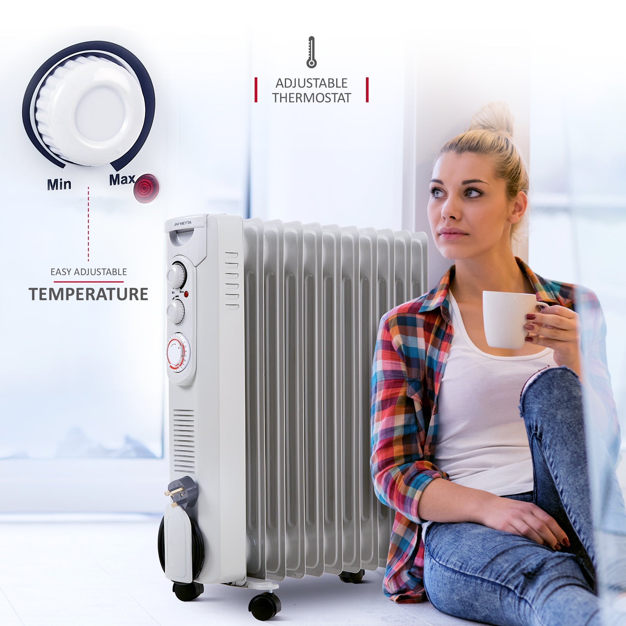 NETTA Oil Filled Radiator 2500W Portable Electric Heater with Thermostat & 24 Hour Timer – 11 Fin, Grey