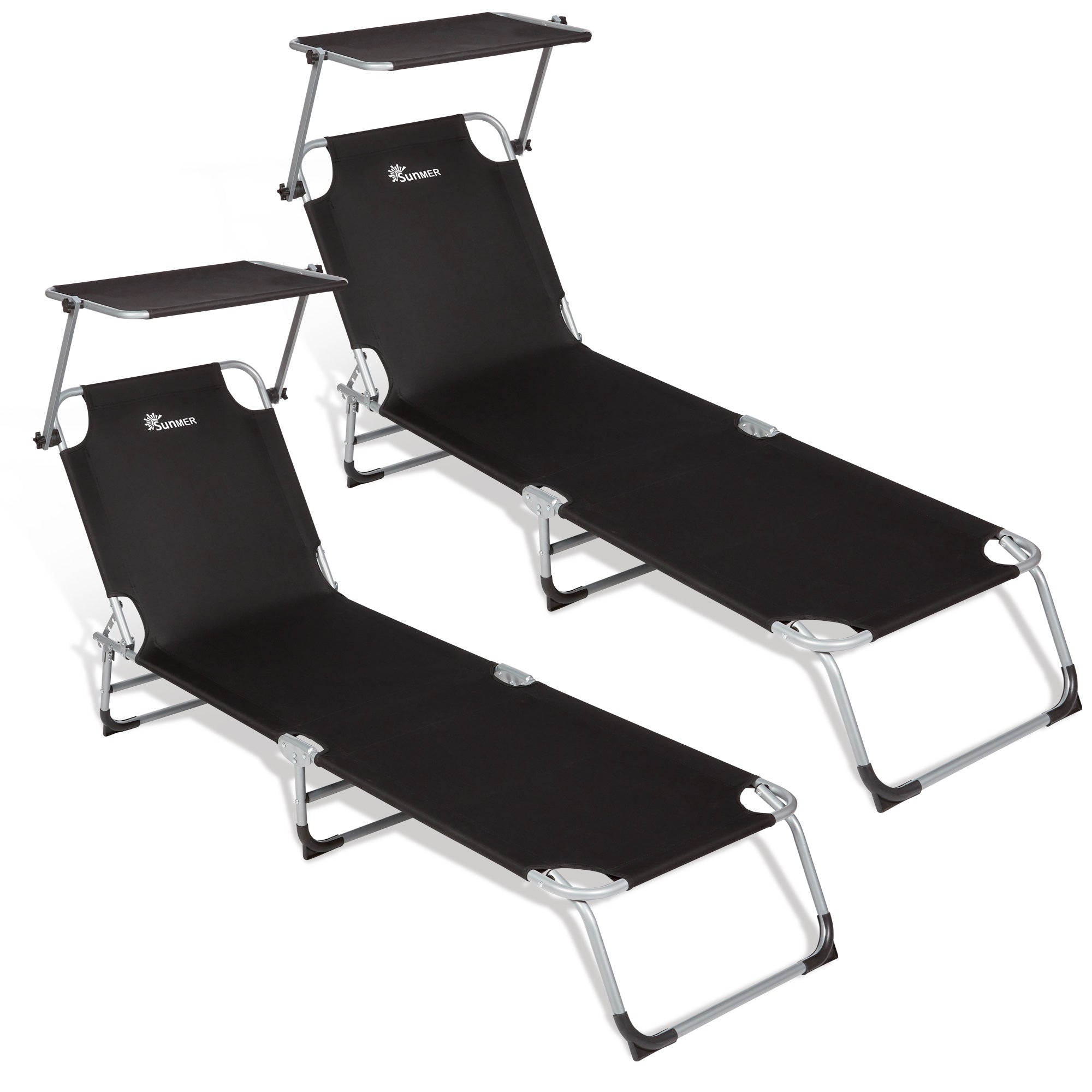 SUNMER Set of 2 Sun Loungers with Adjustable Backrest and Canopy - Black