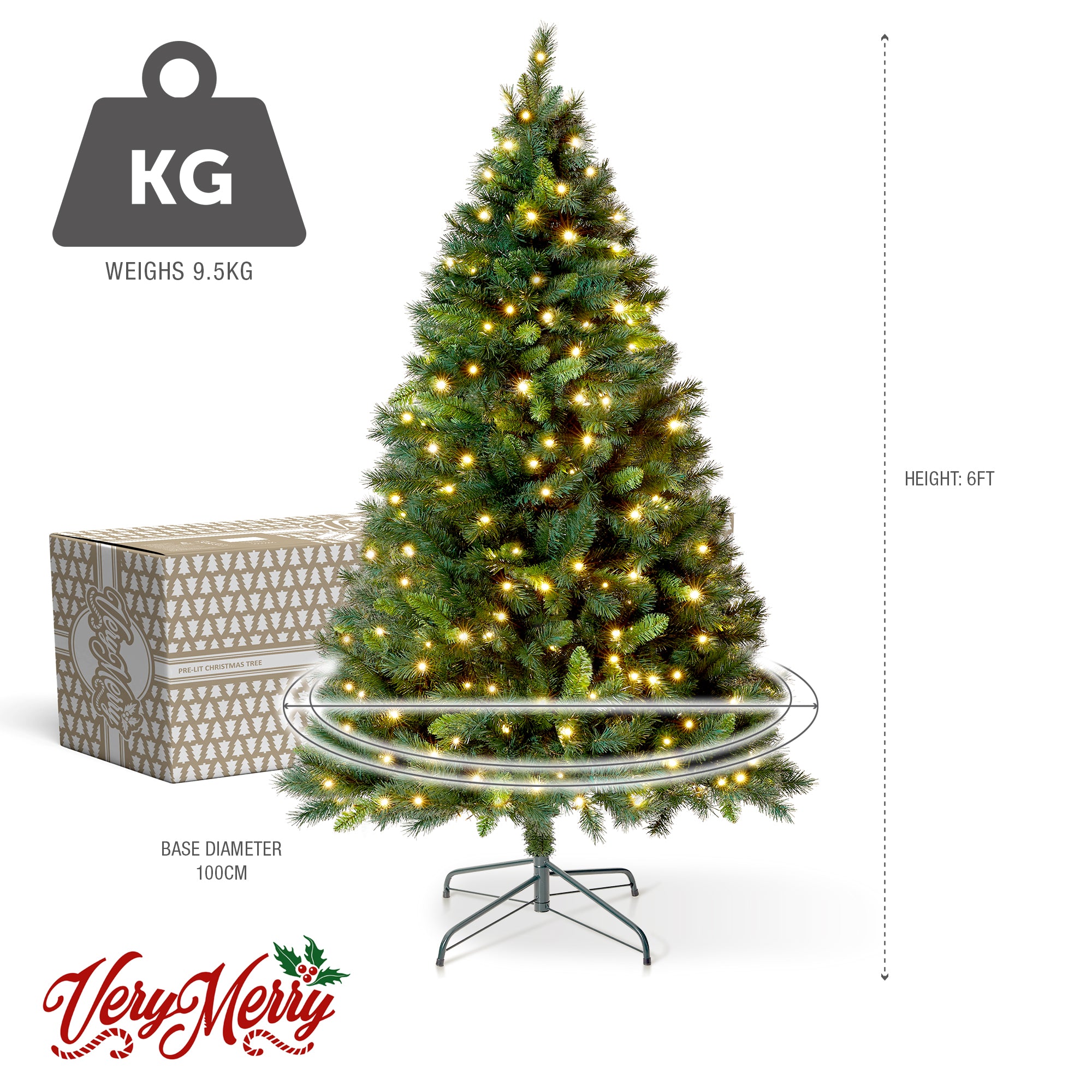 VeryMerry 6FT 'Snowhill' Pre Lit Christmas Tree with 300 Built-In Warm White LED Lights with Auto-Off Timer, 8 Lighting Modes and Foldable Metal Stand