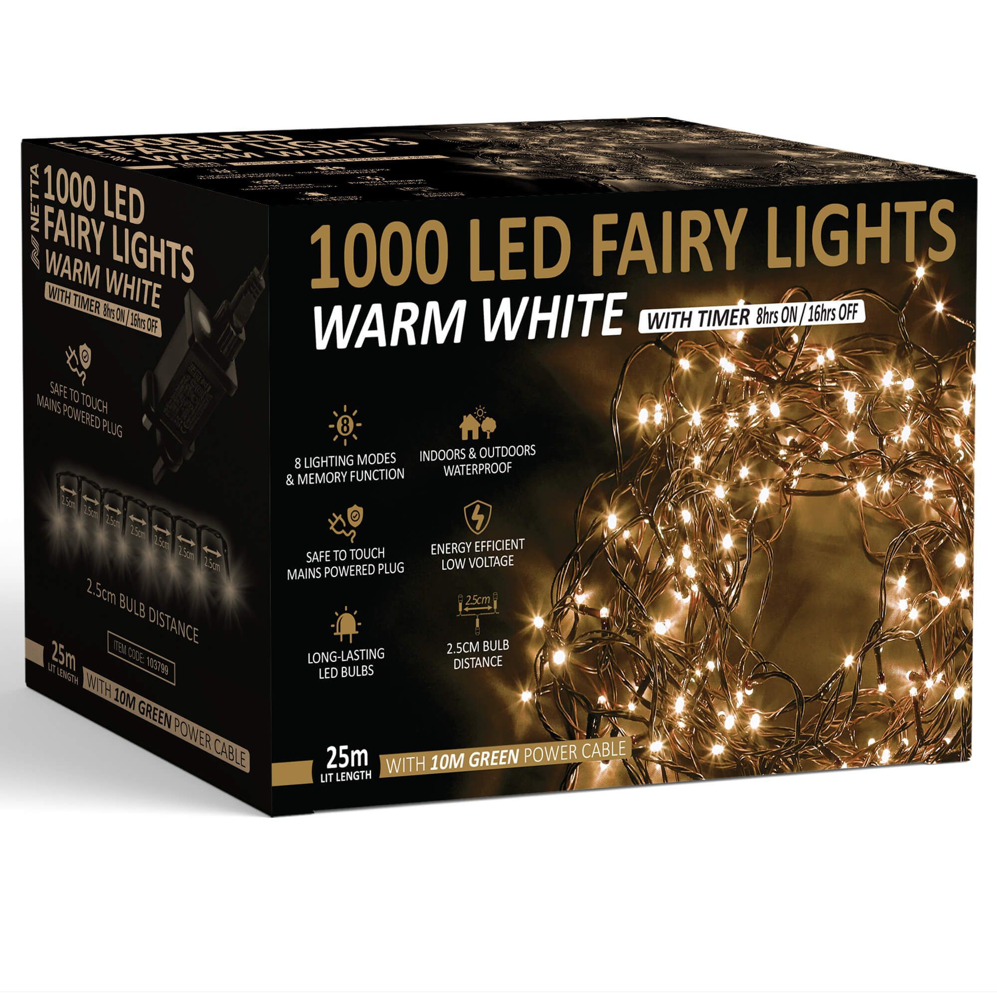 NETTA 1000 LED Fairy Close-set String Lights 25M Christmas Tree Lights Green Cable - Warm White