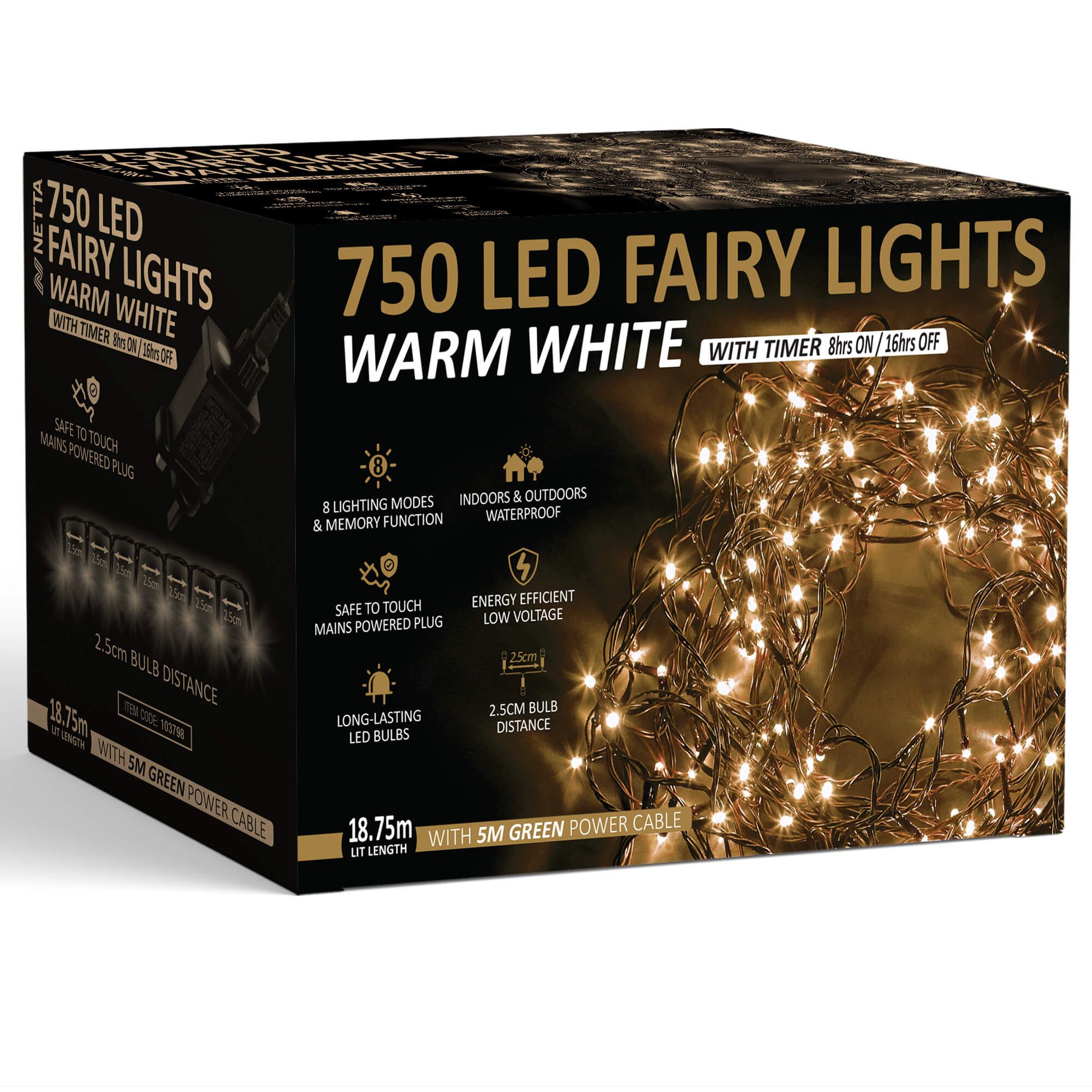 NETTA 750 LED Fairy String Lights 18.75M Indoor & Outdoor Christmas Tree Lights Green Cable - Warm White