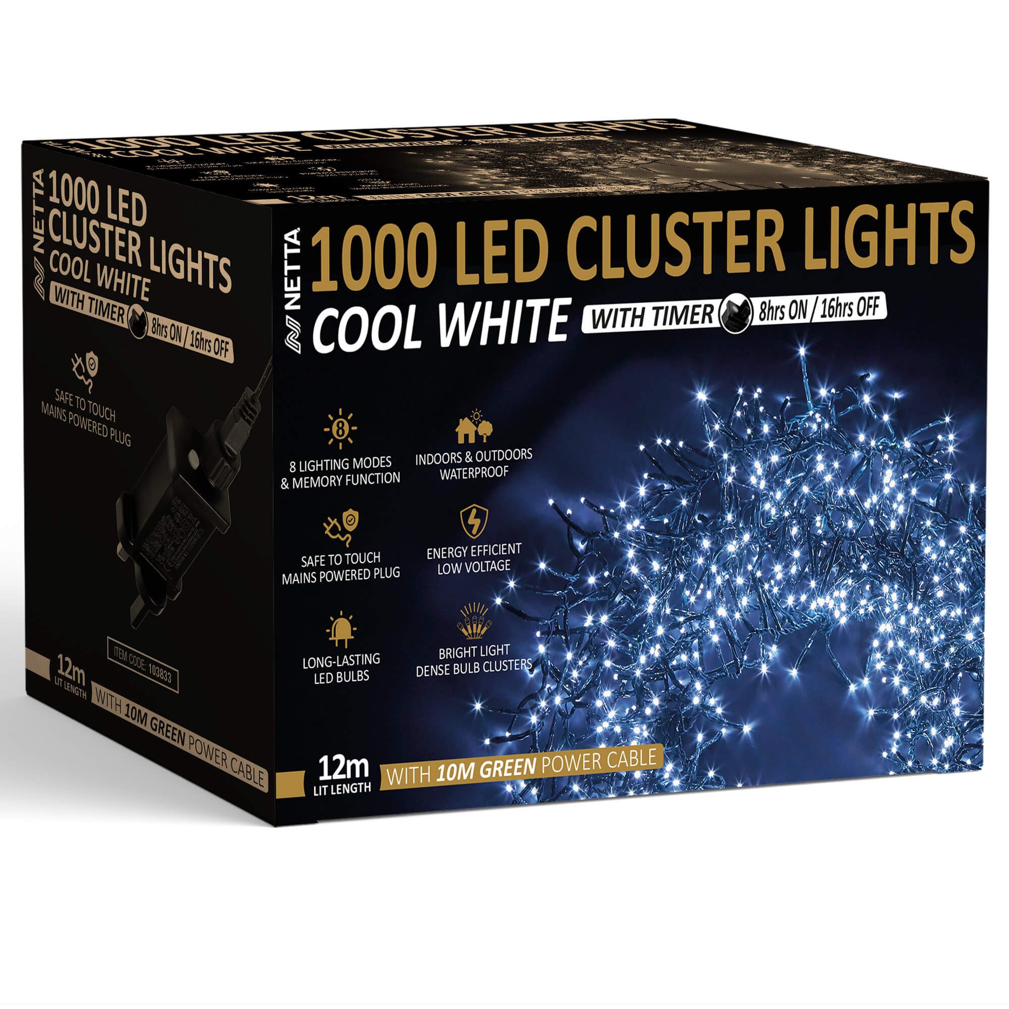 NETTA 1000 LED 12M Cluster String Lights Outdoor and Indoor Plug In - Cool White