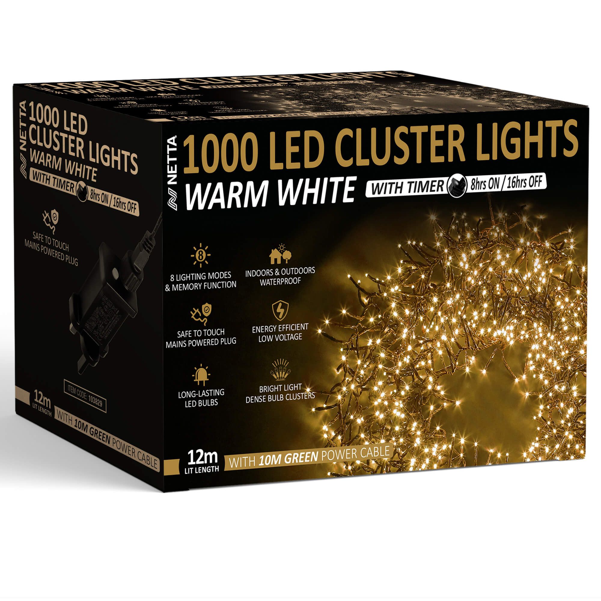 NETTA 1000 LED 12M Cluster String Lights Outdoor and Indoor Plug In - Warm White