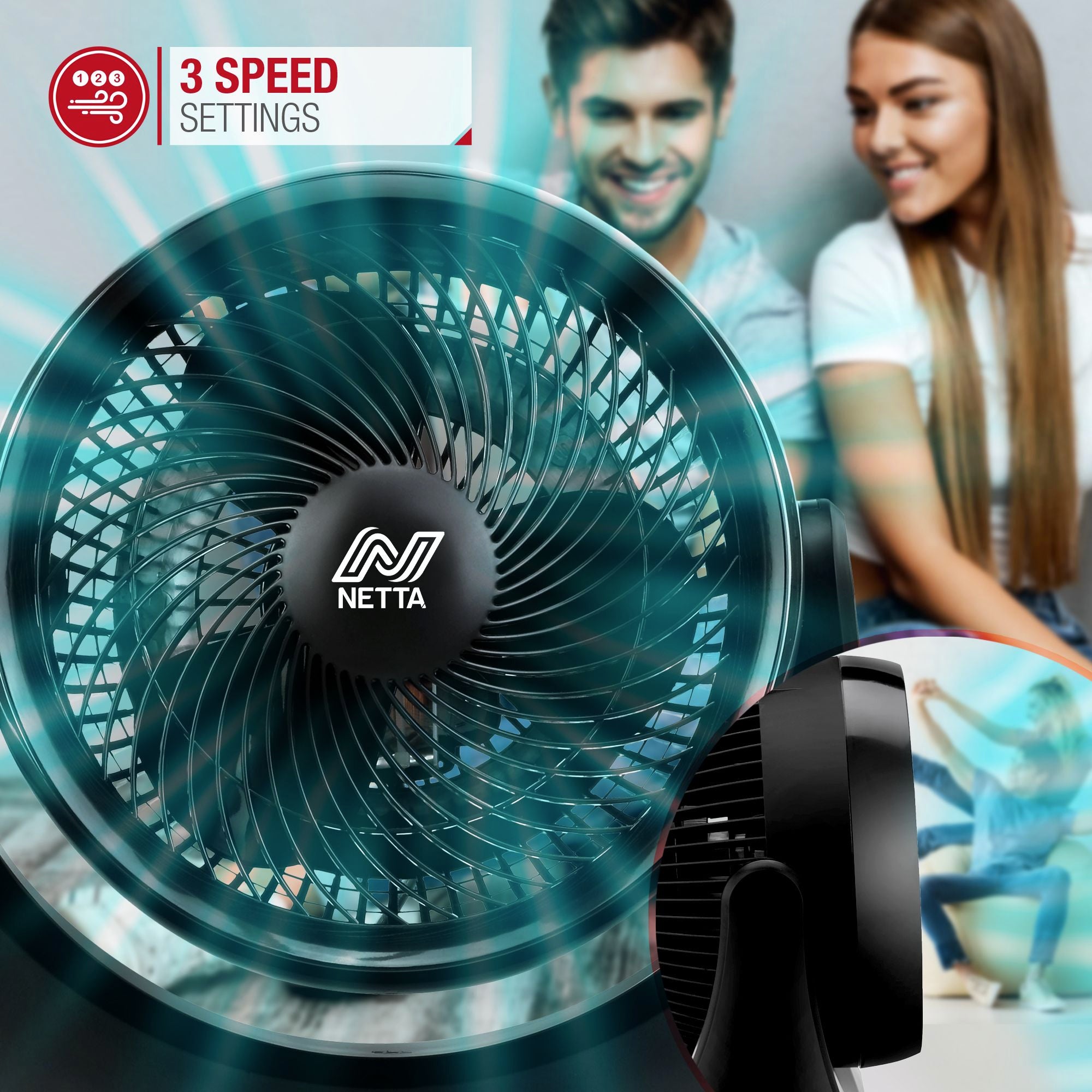 NETTA 10 Inch 3-Speed Turbo Desk Fan - Black