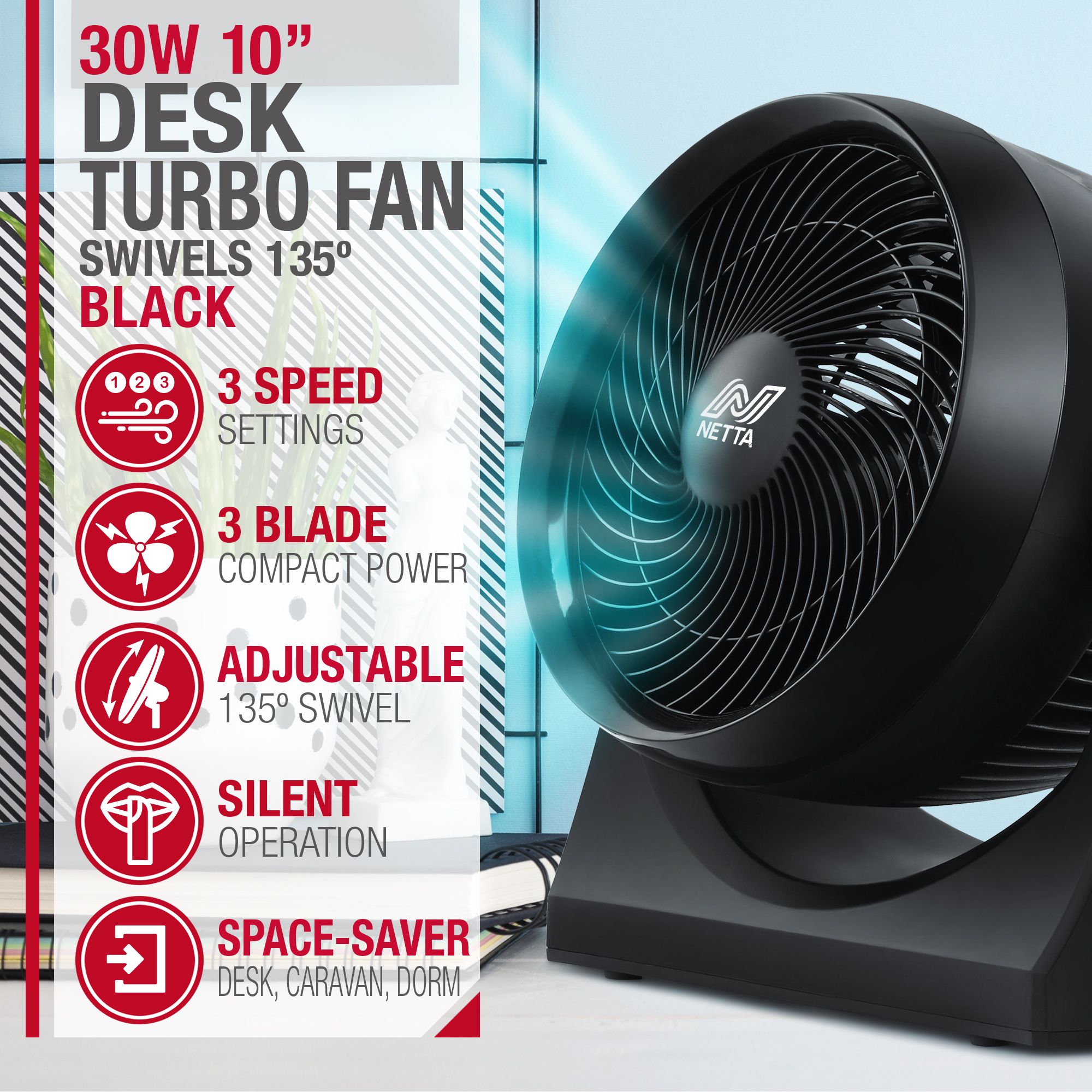 NETTA 10 Inch 3-Speed Turbo Desk Fan - Black