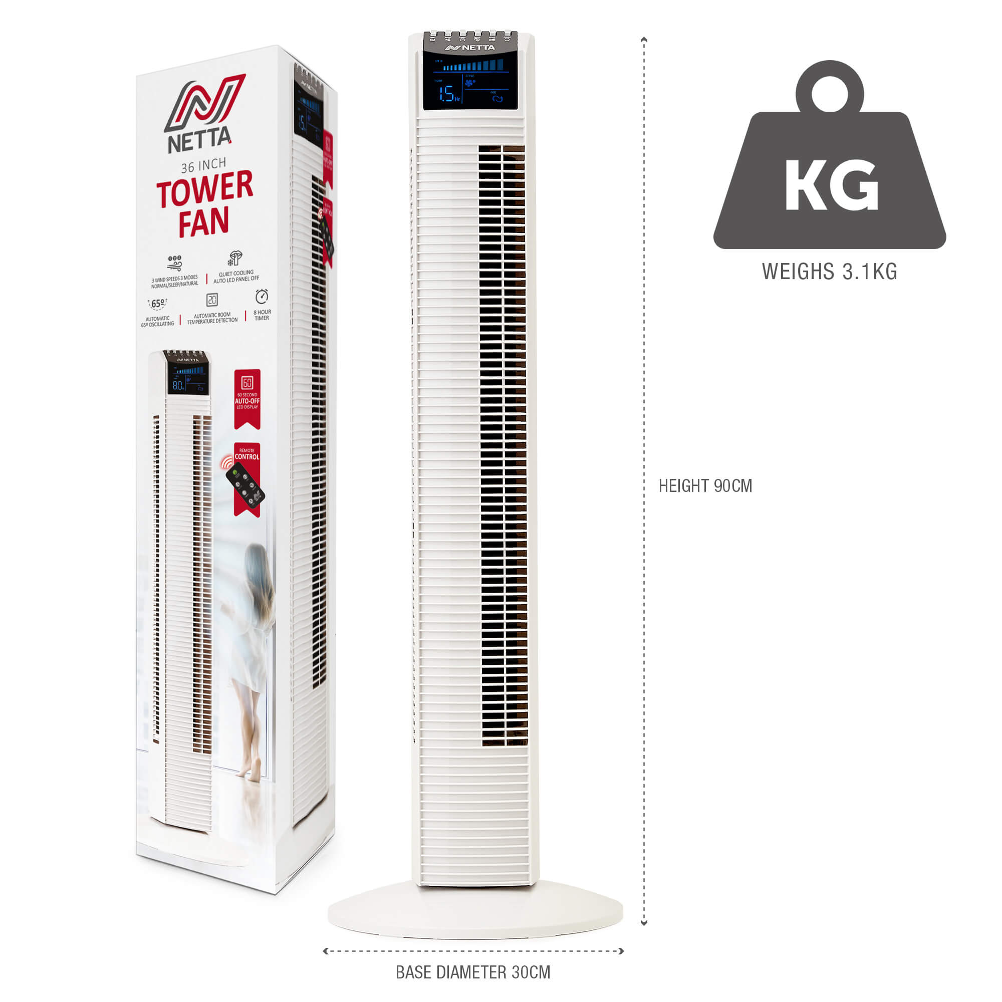 NETTA 36 Inch Tower Fan with 8-Hour Timer - White