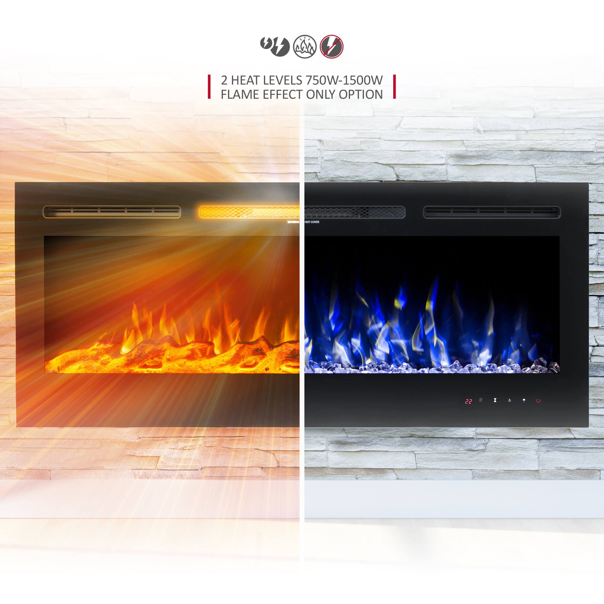 NETTA 40" Glass Panel Electric Fireplace with Colourful Flame effect