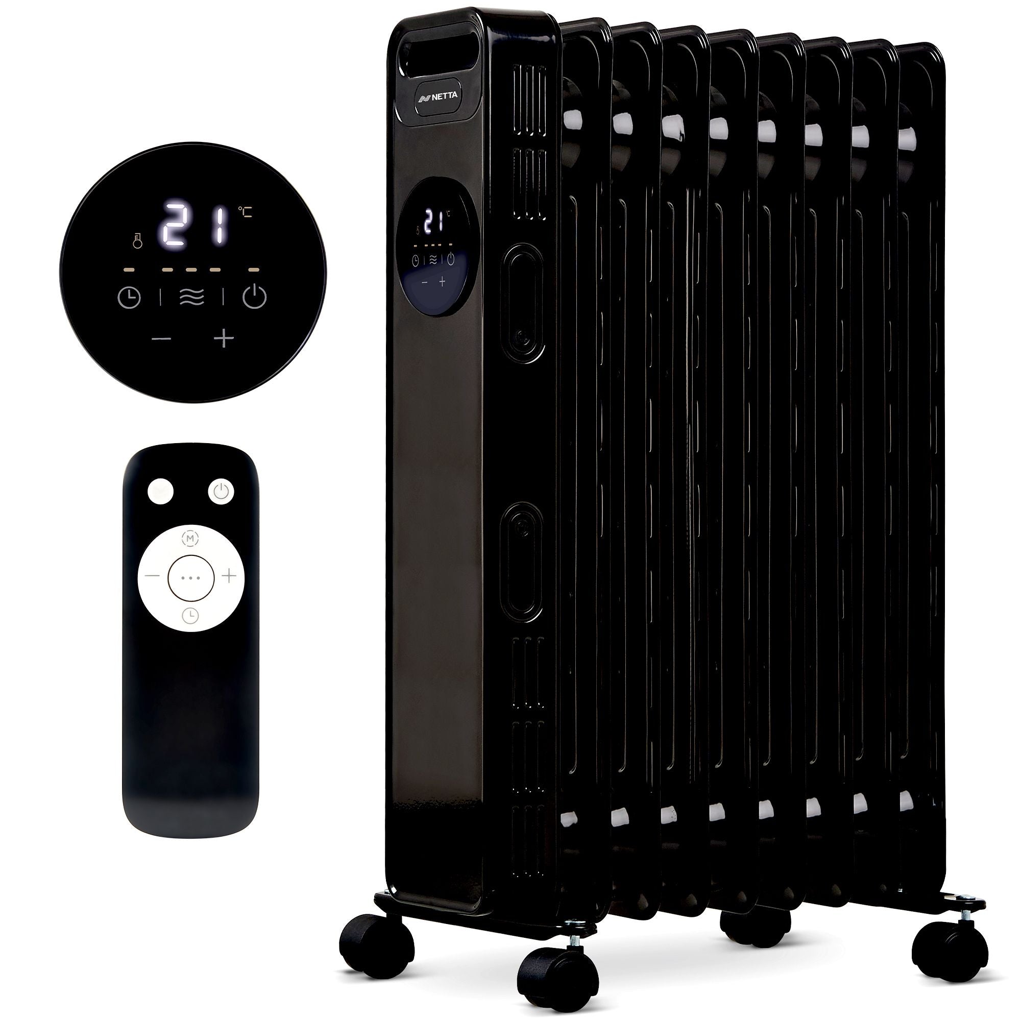 NETTA 2000W 9 Fin Oil Filled Radiator with Timer & Remote Control - Black
