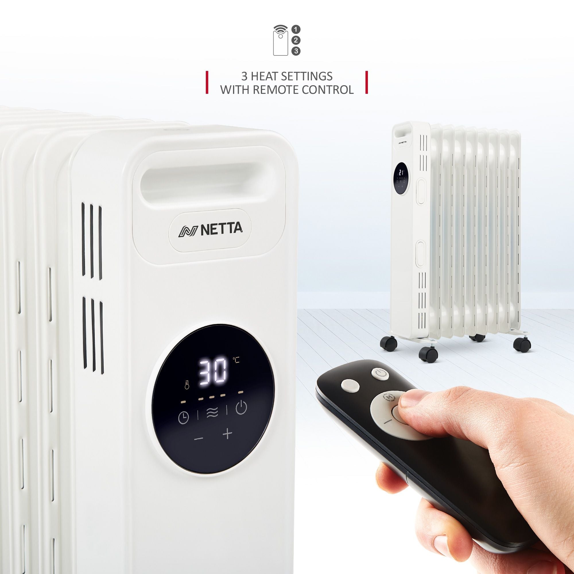 NETTA 2000W 9 Fin Oil Filled Radiator with Timer & Remote Control - White