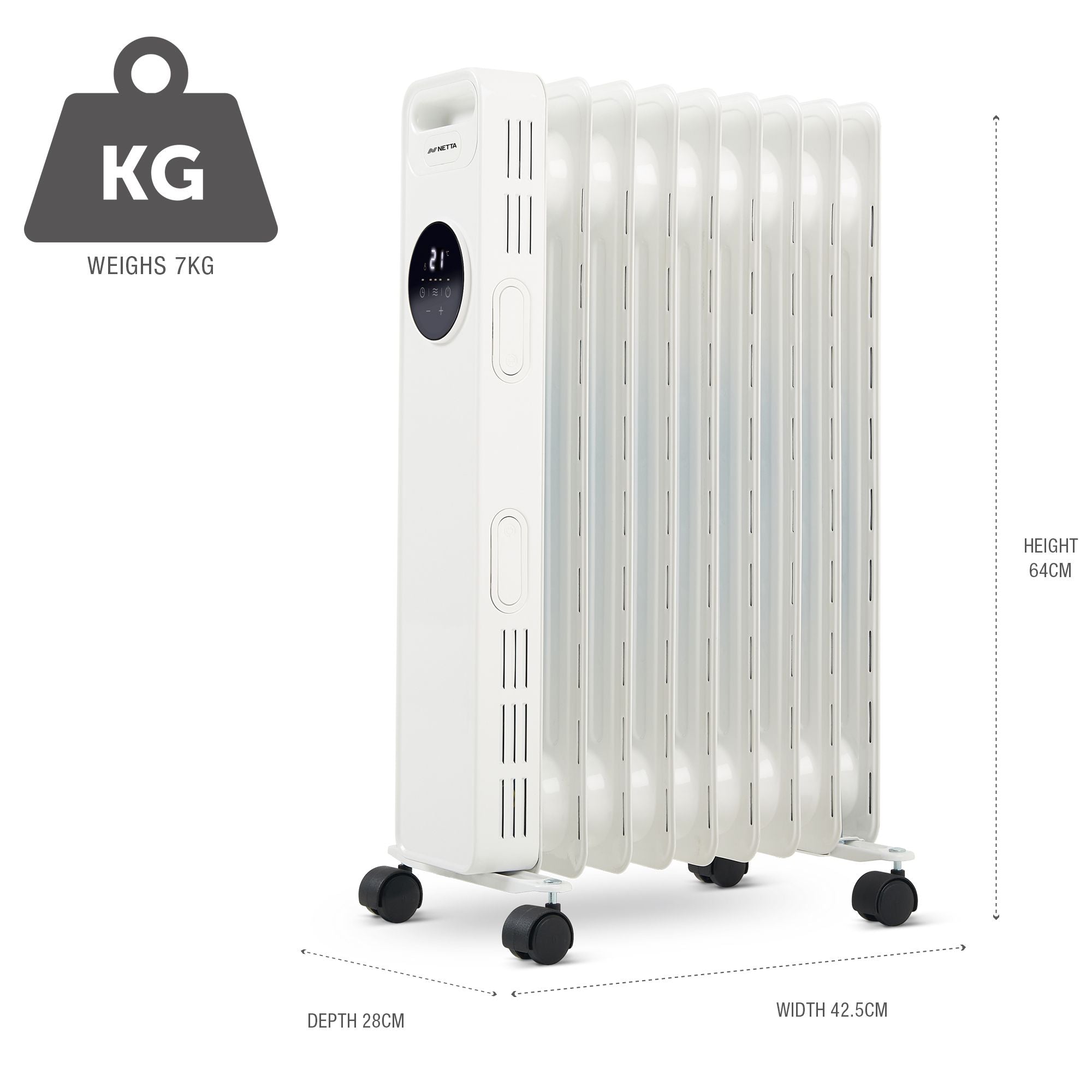 NETTA 2000W 9 Fin Oil Filled Radiator with Timer & Remote Control - White