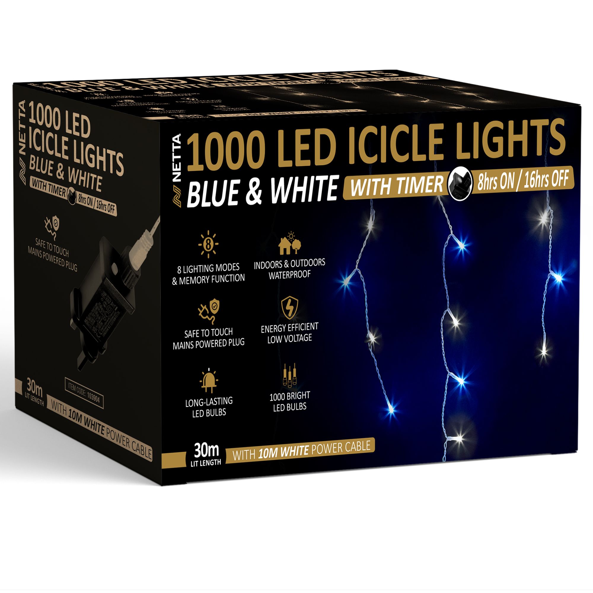 NETTA 1000 LED Icicle Lights 30M Outdoor - Blue & Cool White, with White Cable