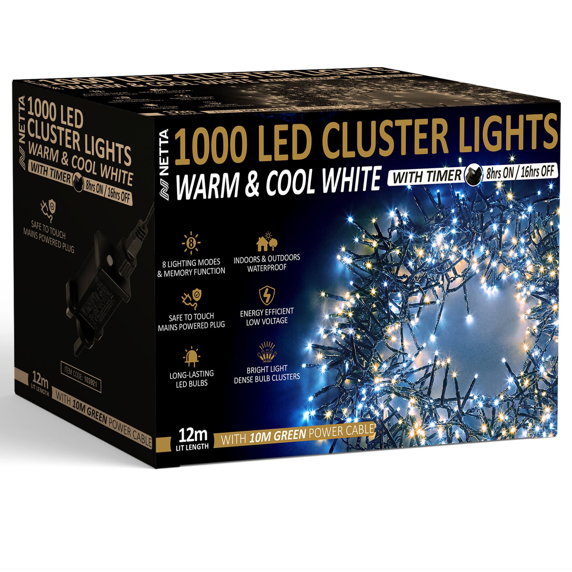NETTA 1000 LED 12M Cluster String Lights Outdoor and Indoor Plug In - Warm & Cool White