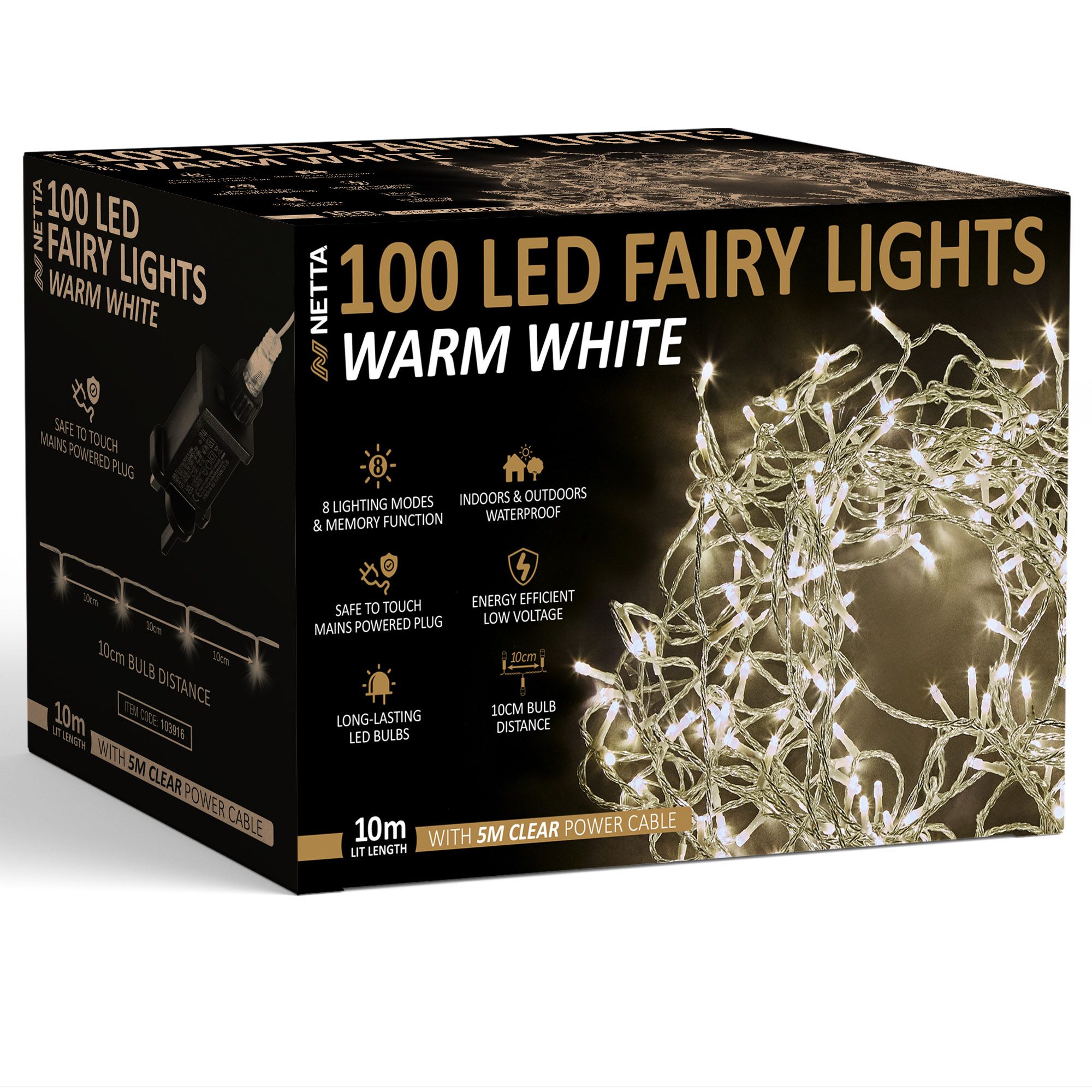 NETTA 100LED Fairy String Lights - Warm White, Clear Cable