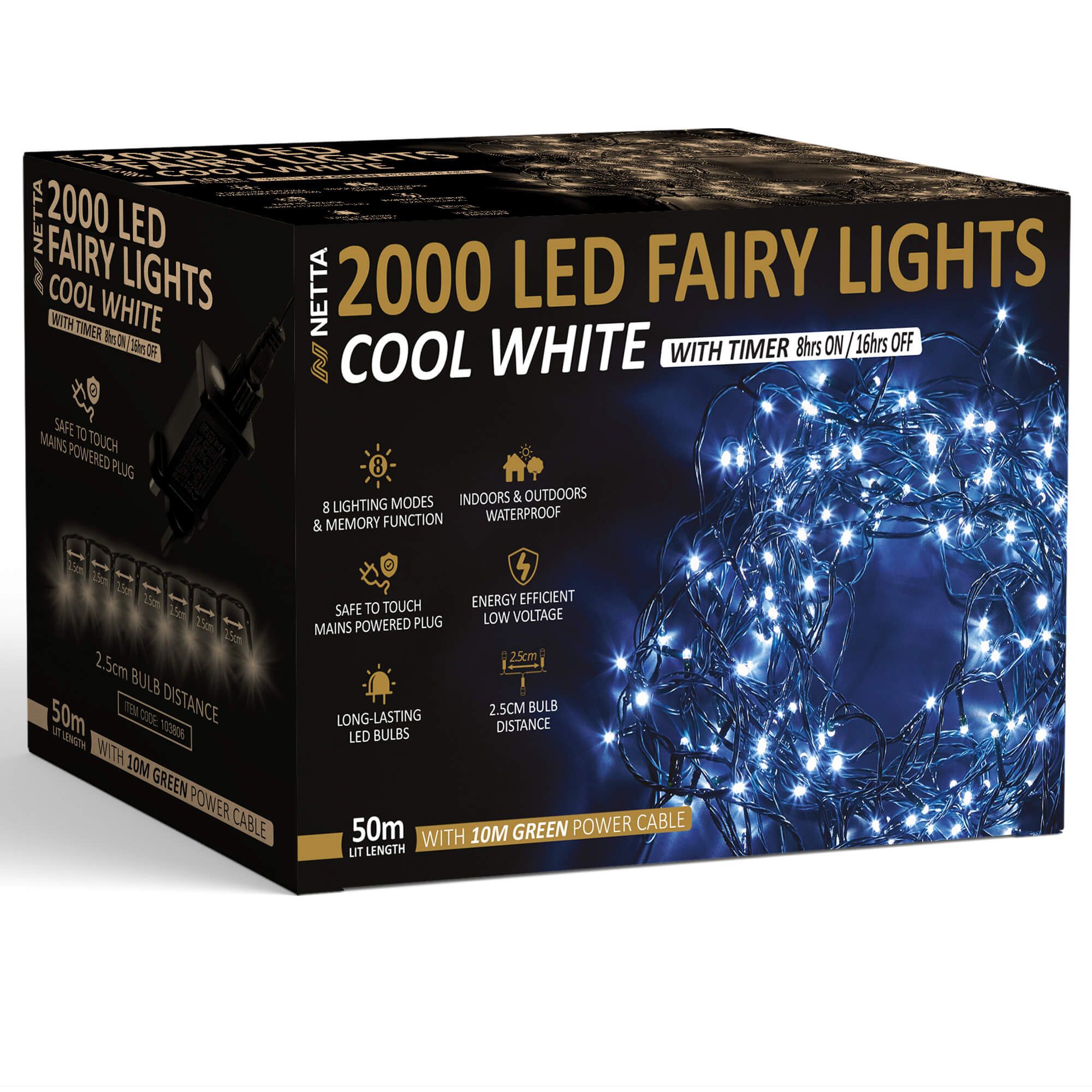NETTA 2000 LED Fairy String Lights 50M Indoor & Outdoor Christmas Tree Lights Green Cable - Cool White