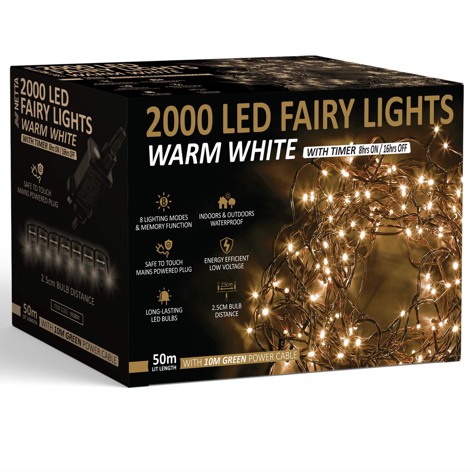 NETTA 2000 LED Fairy String Lights 50M Indoor & Outdoor Christmas Tree Lights Green Cable - Warm White