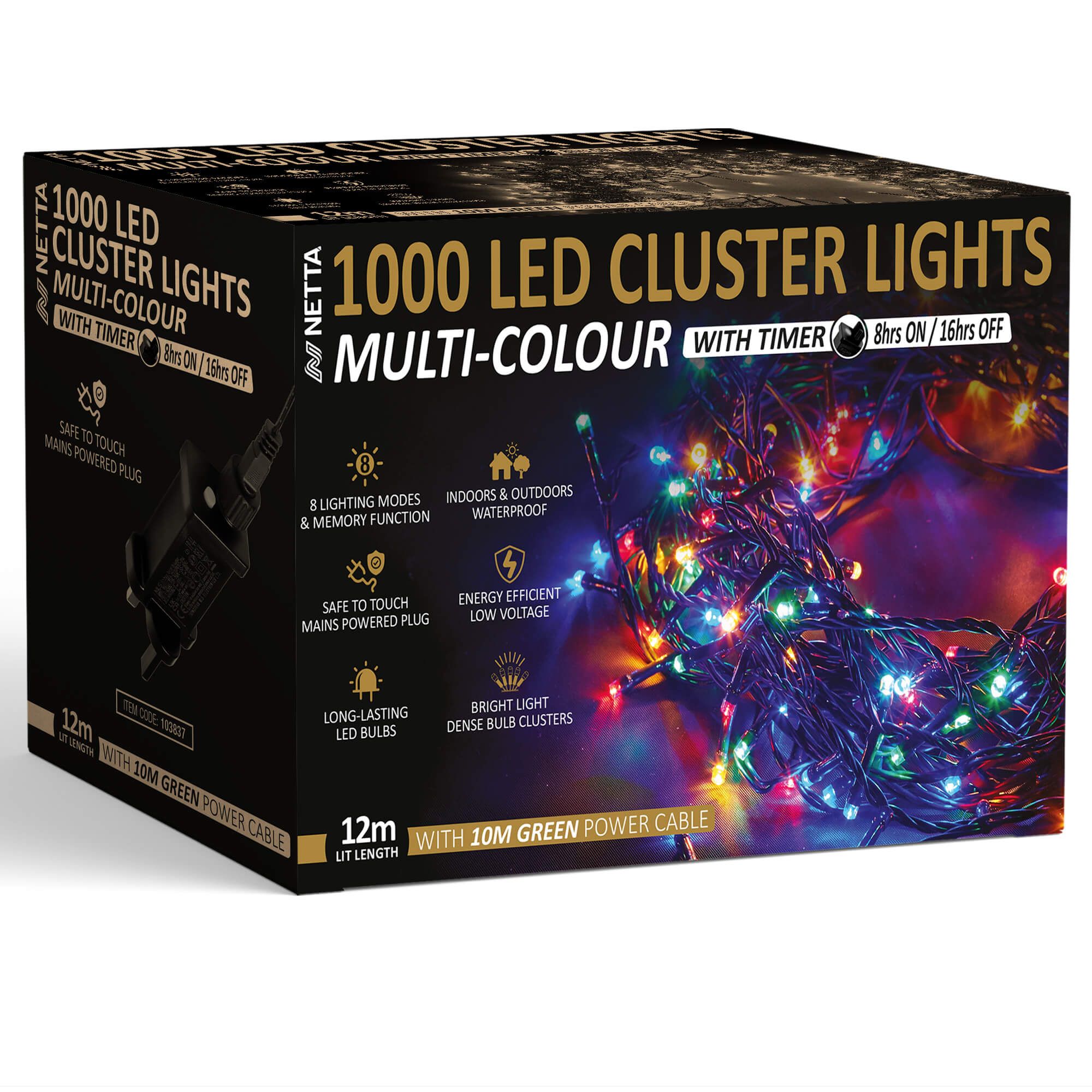 NETTA 1000 LED 12M Cluster String Lights Outdoor and Indoor Plug In - Multi Colour