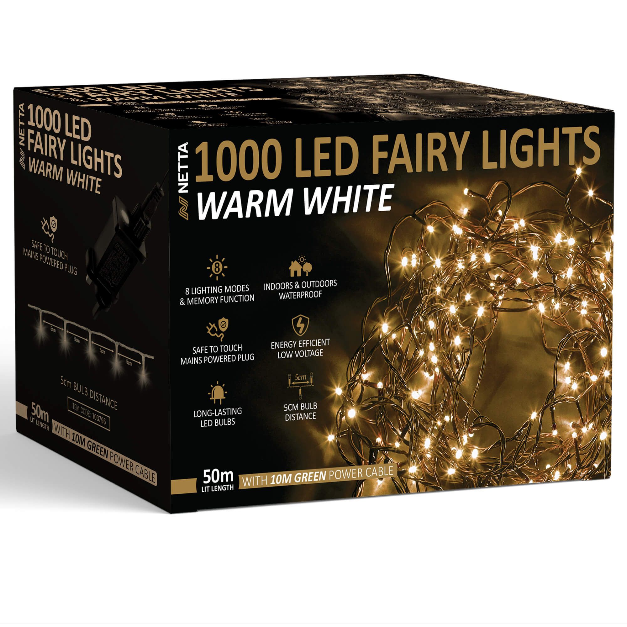 NETTA 1000 LED Fairy Lights 50M Christmas Tree Lights Green Cable - Warm White