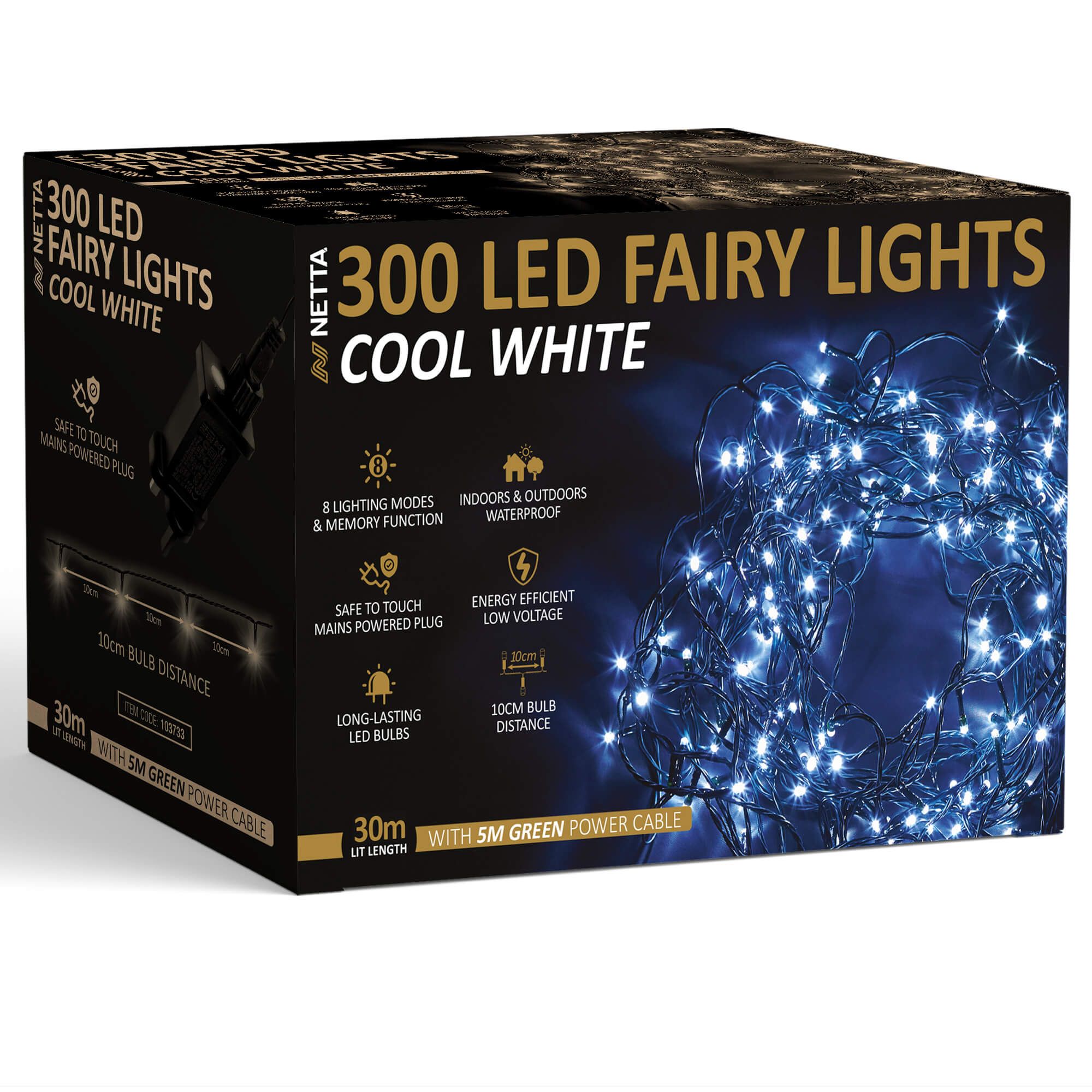 NETTA 300 LED 30M Fairy String Lights Outdoor and Indoor Plug In - Cool White