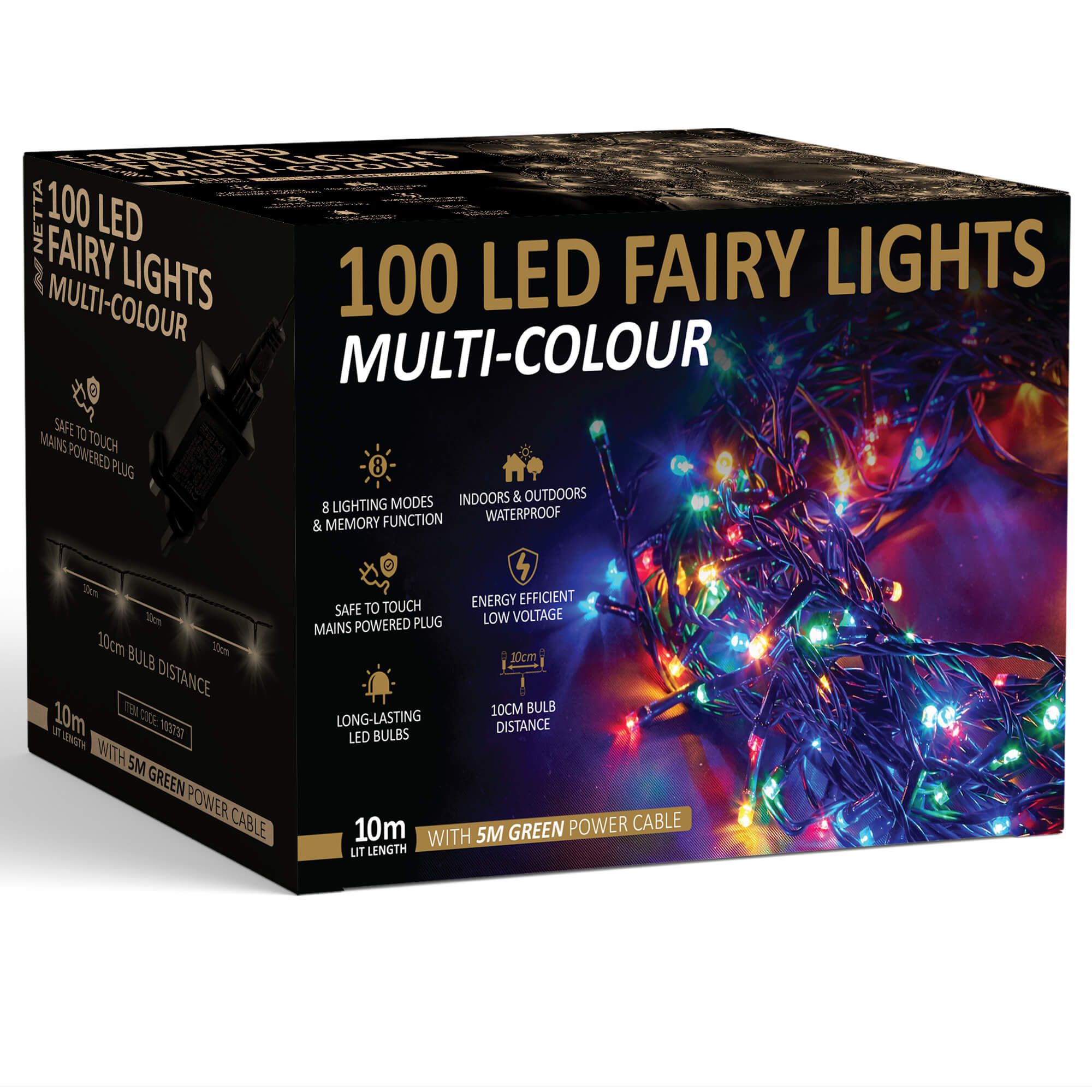 NETTA 100 LED 10M Fairy String Lights Outdoor and Indoor Plug In - Multi Colour