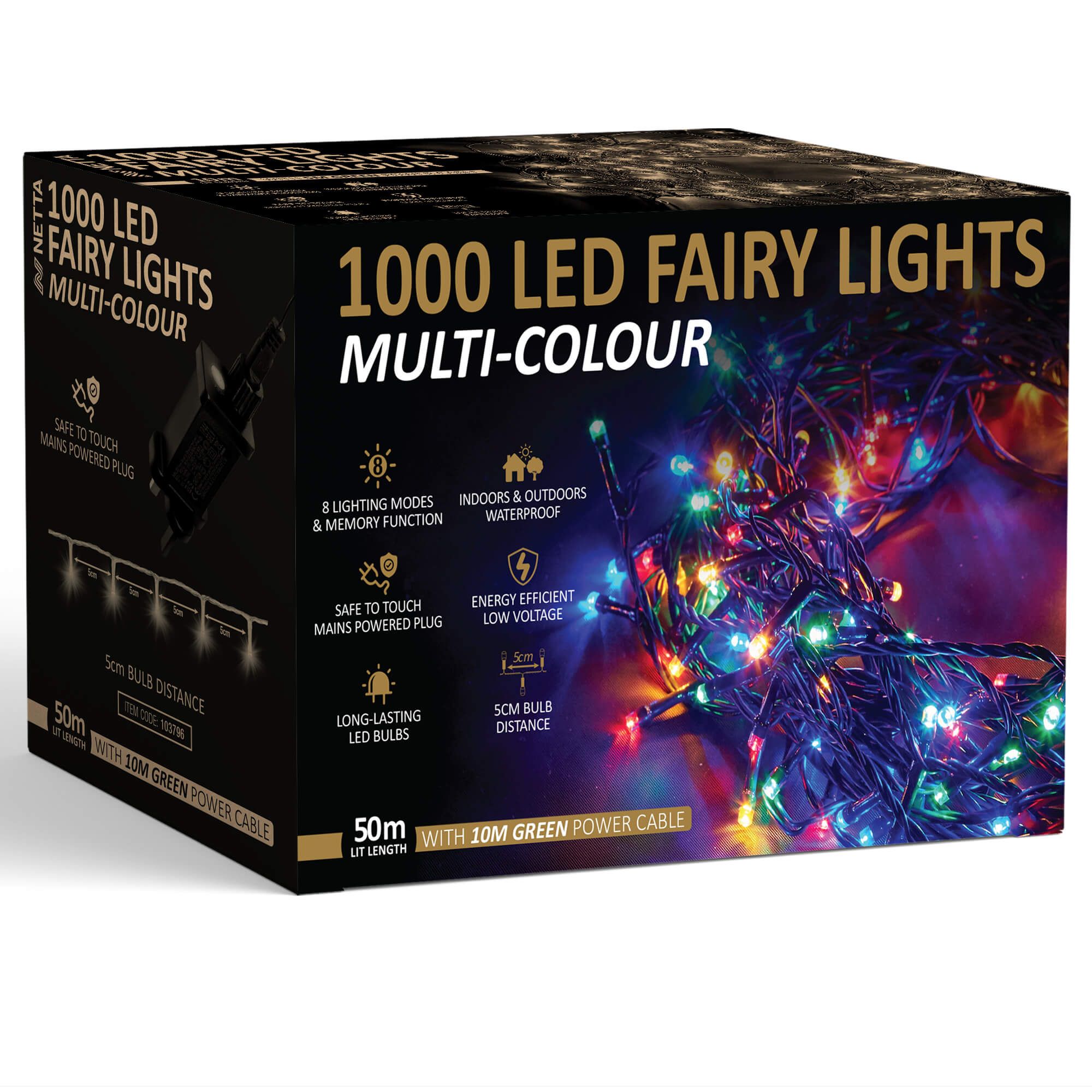 NETTA 1000 LED Fairy Lights 50M Christmas Tree Lights Green Cable - Multi Colour