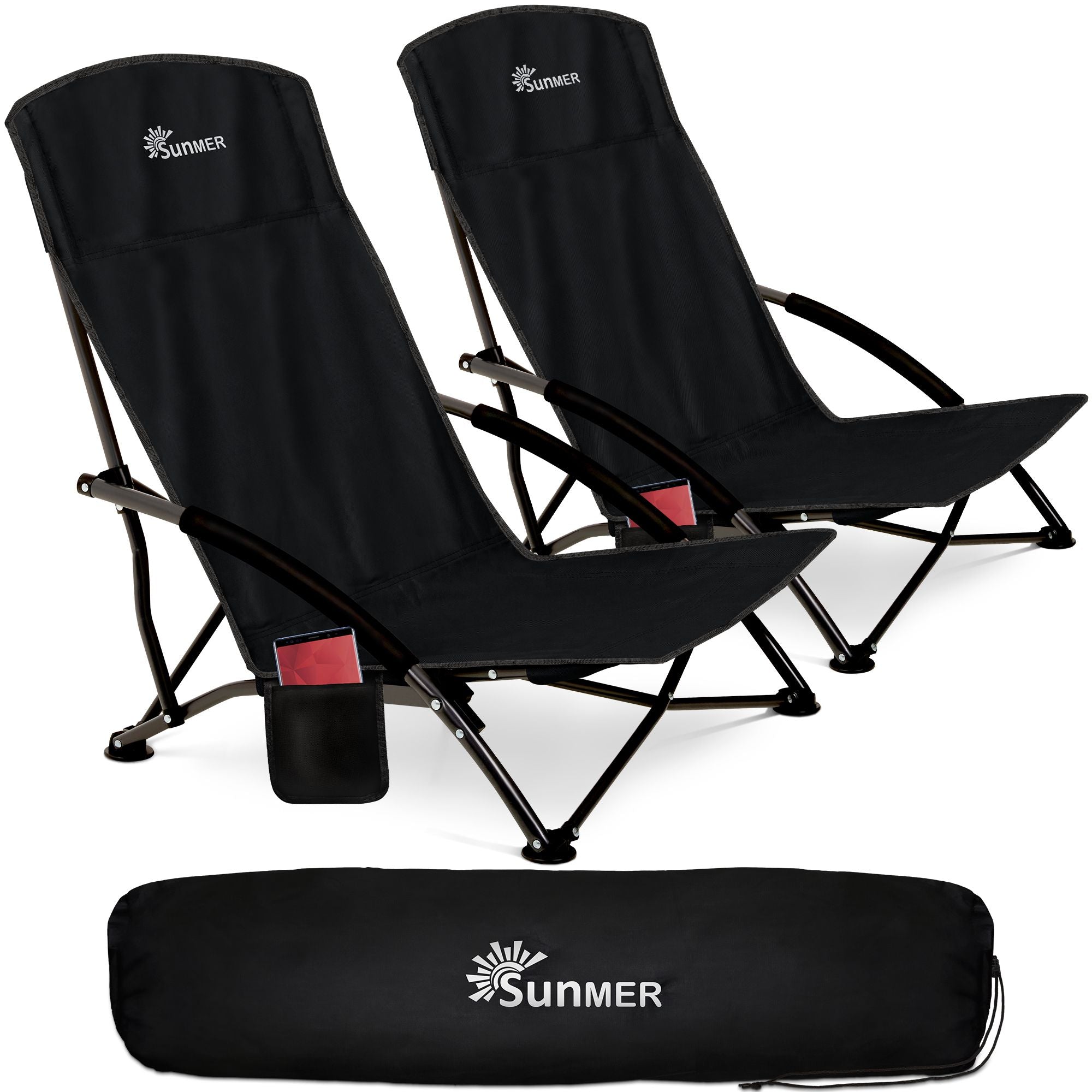 SUNMER Set of 2 Folding Beach Chair with Side Pocket & Carry Bag - Black