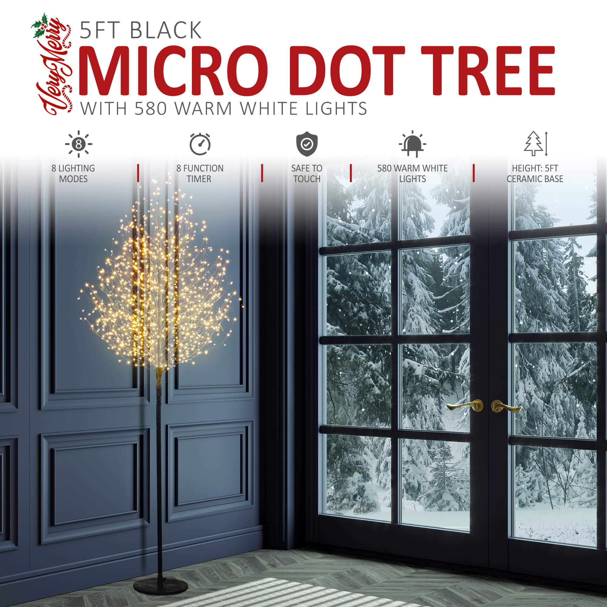 VeryMerry 5FT Micro Dot Birch Pre-Lit Christmas Tree with 580 LED Warm White Lights - Black
