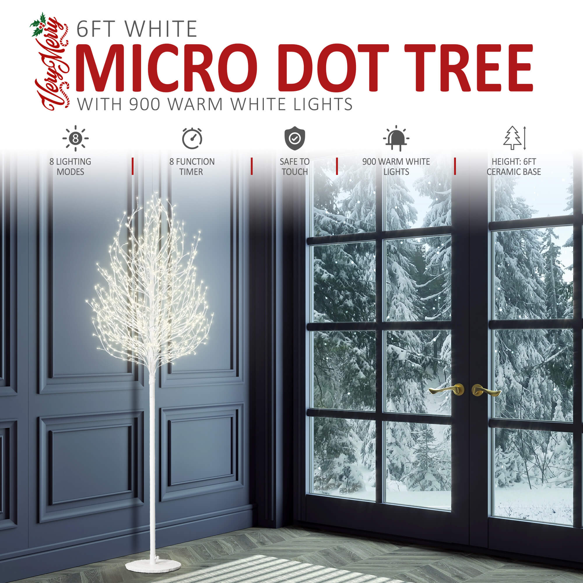 VeryMerry 6FT Micro Dot Birch Pre-Lit Christmas Tree with 900 LED Warm White Lights - White