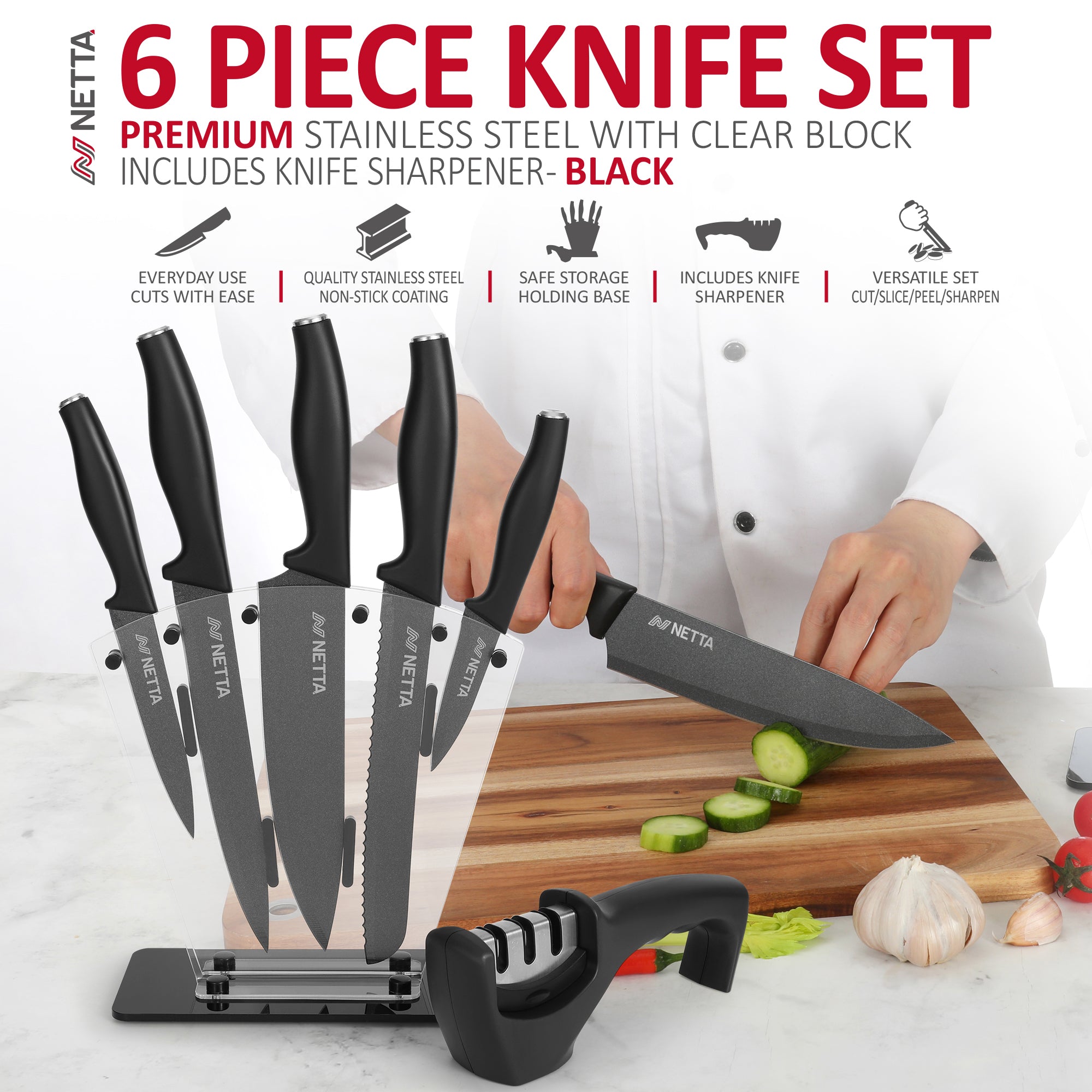 NETTA 6 Piece Stainless Steel Knife Set with Clear Storage Block - Black