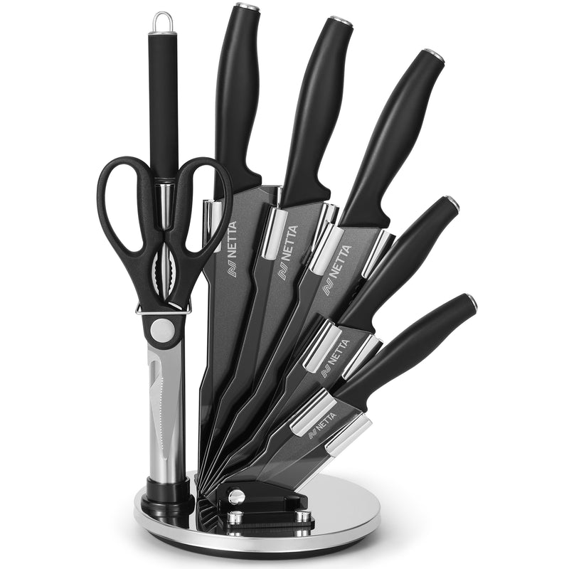 NETTA Kitchen Knife Set with Block – 7 Piece Stainless Steel Set - Black