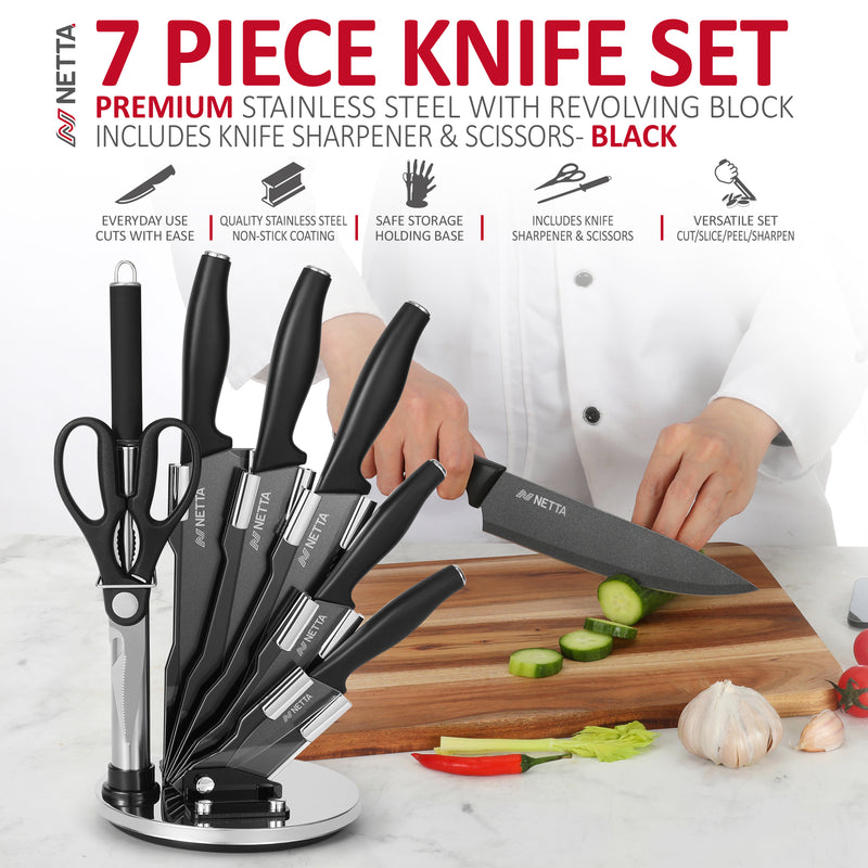 NETTA Kitchen Knife Set with Block – 7 Piece Stainless Steel Set - Black