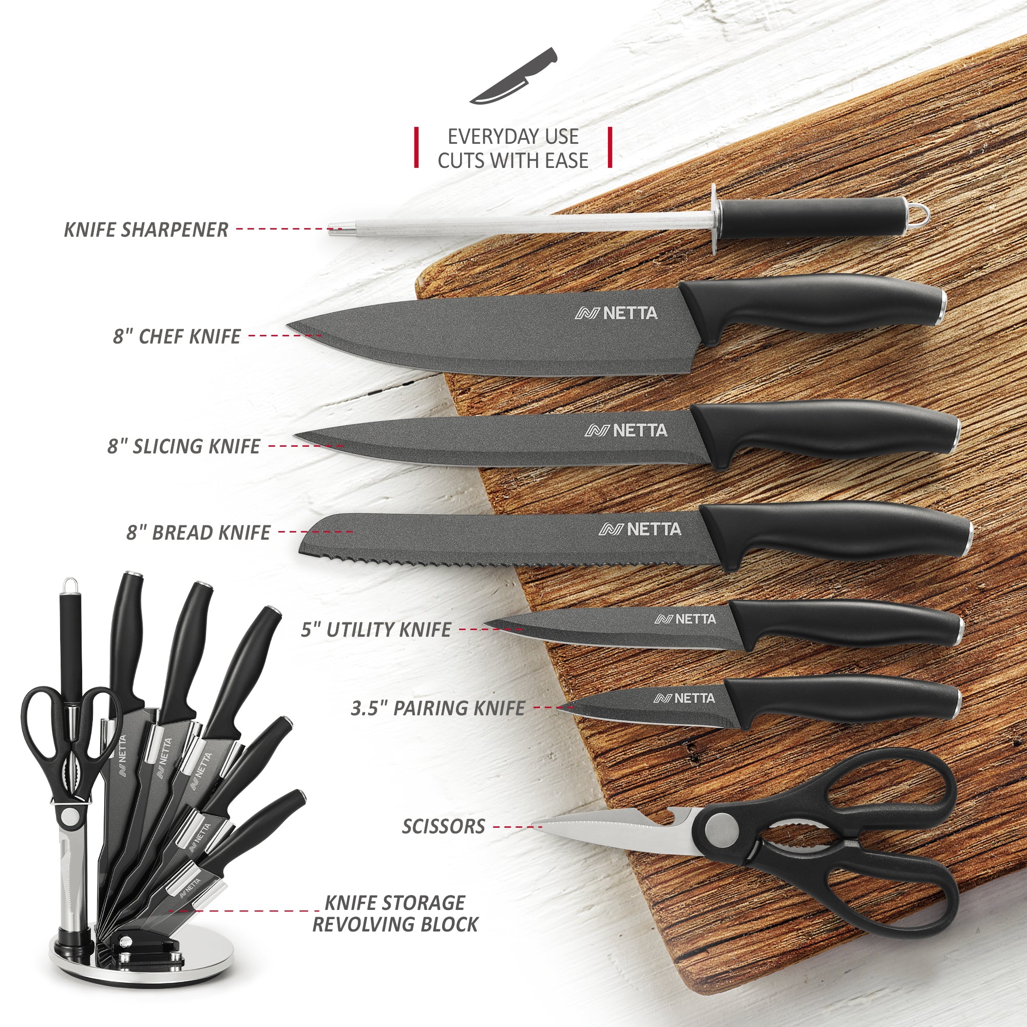 NETTA 7 Piece Stainless Steel Knife Set with Block - Black