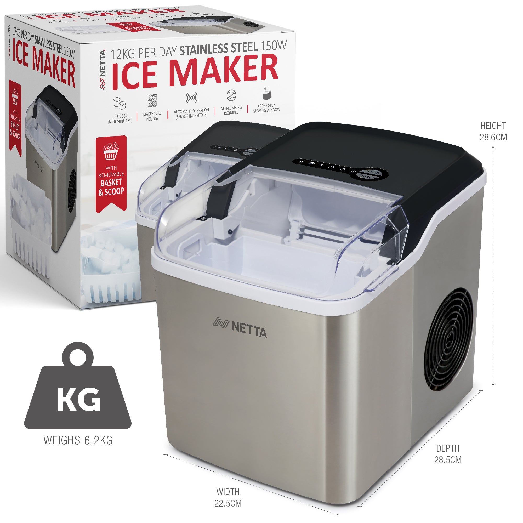 NETTA Ice Maker Machine with 1.2L Tank - Makes 12KG of Ice per Day