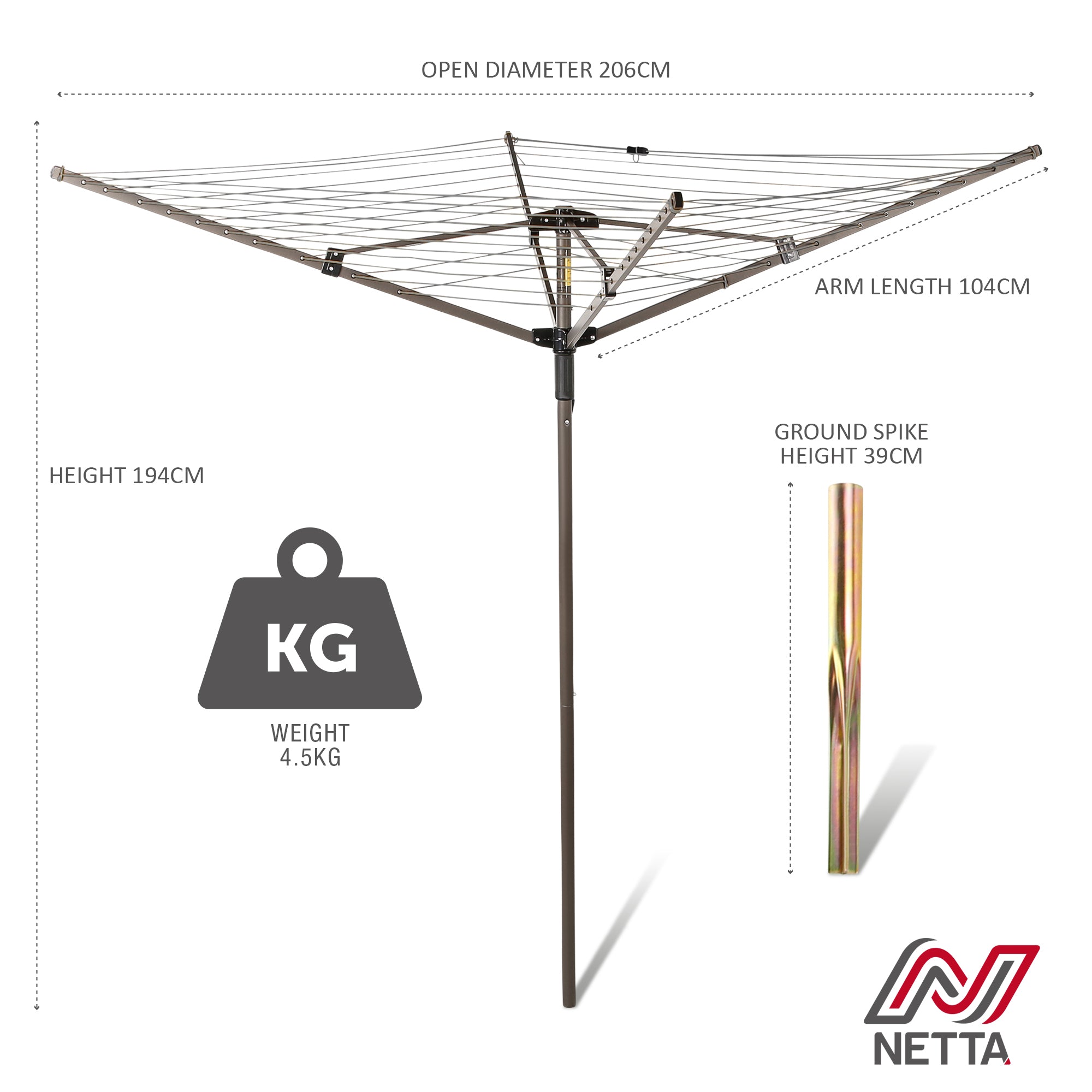 NETTA 45M Rotary Washing Line Airer - Cover And Ground Spike Included