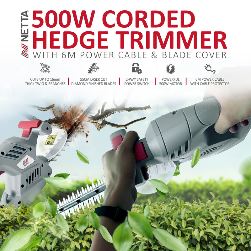 NETTA 500W Wired Hedge Trimmer and Cutter With 50cm Diamond Cutting Blade