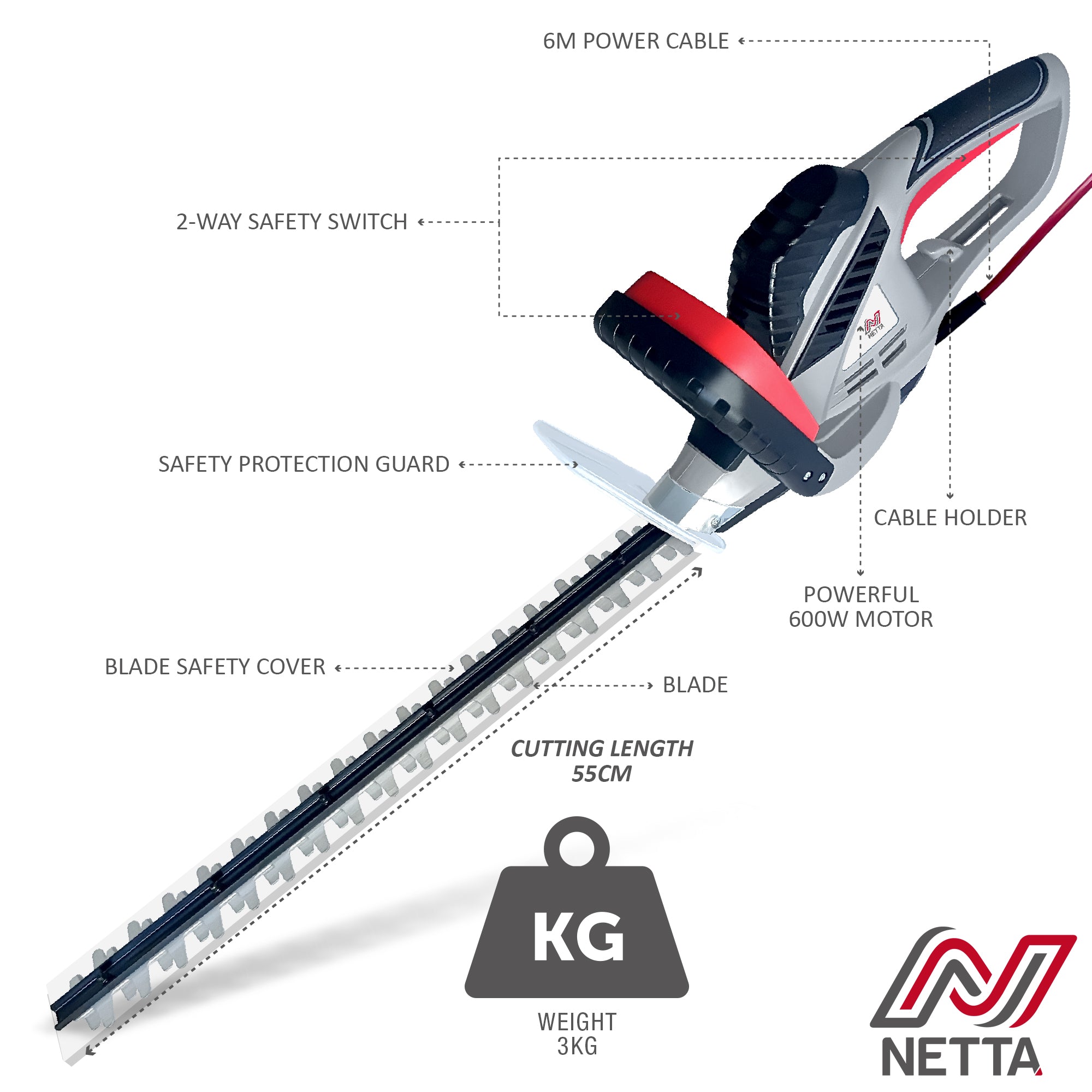 NETTA 600W Corded Hedge Trimmer and Cutter 55cm Diamond Cutting Blade