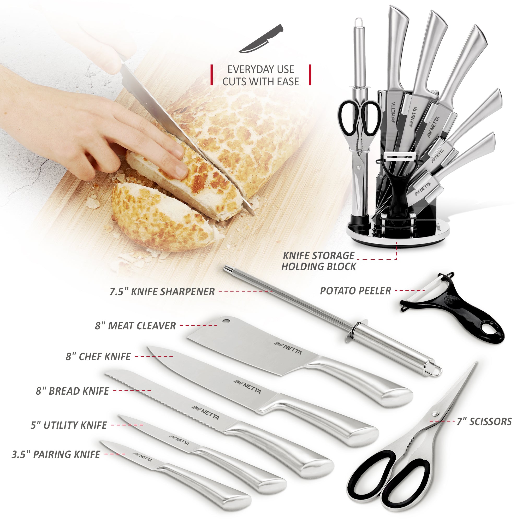 NETTA 8 Piece Stainless Steel Knife Set with Revolving Stand