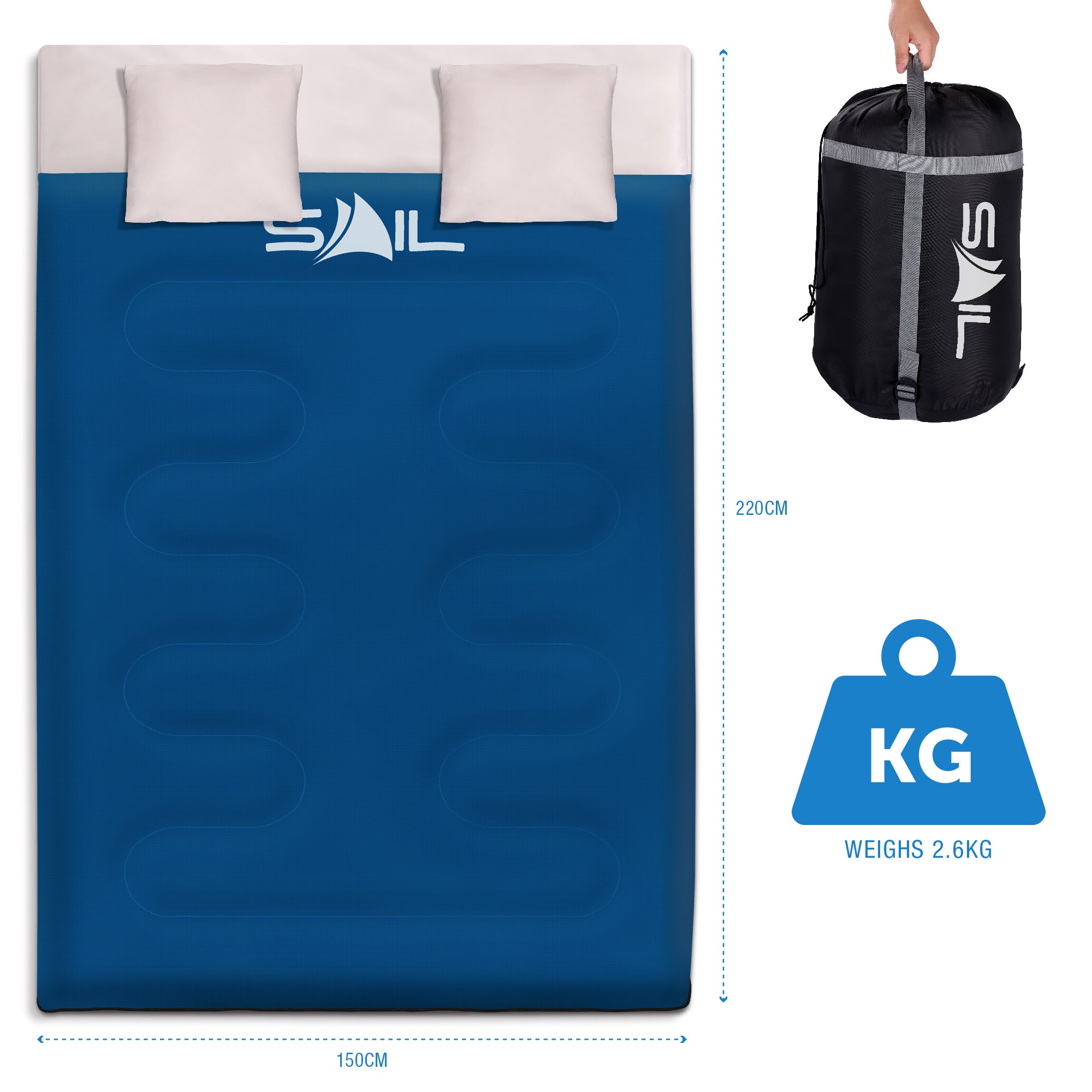 SAIL 'Buddy' Double Sleeping Bag with 2 Pillows - Extra Large for 3-4 Season