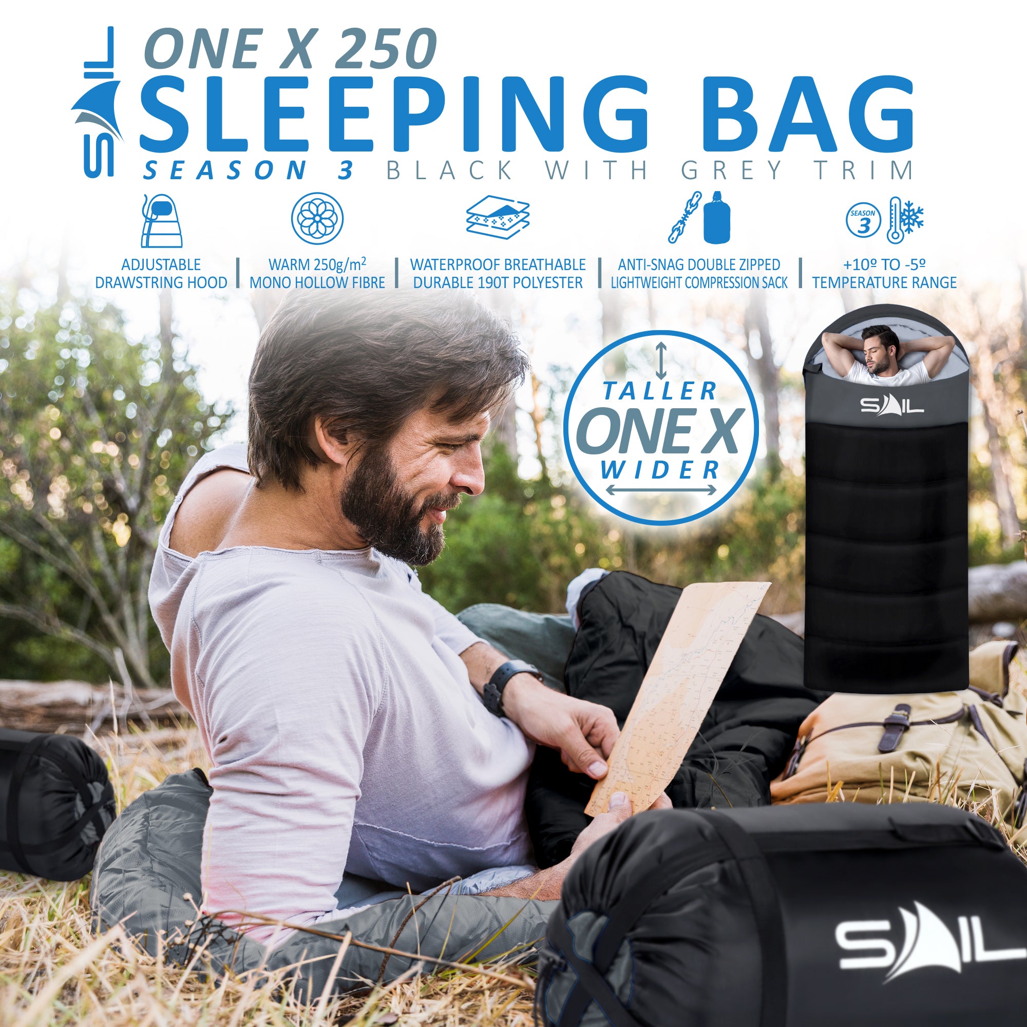 SAIL 'One X' Waterproof Sleeping Bag - Extra Wide for Big & Tall People - 3-4 Season