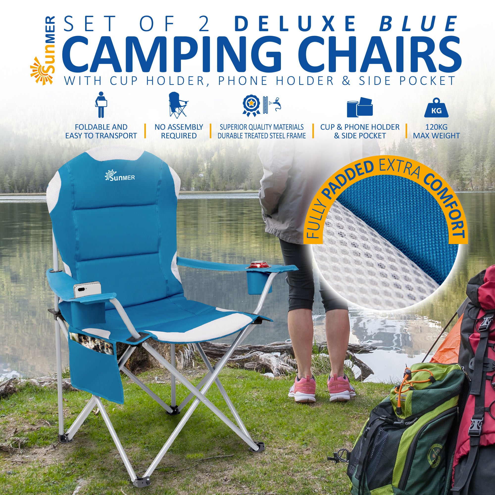 SUNMER Folding Padded Camping Chairs - Set of 2 - Blue