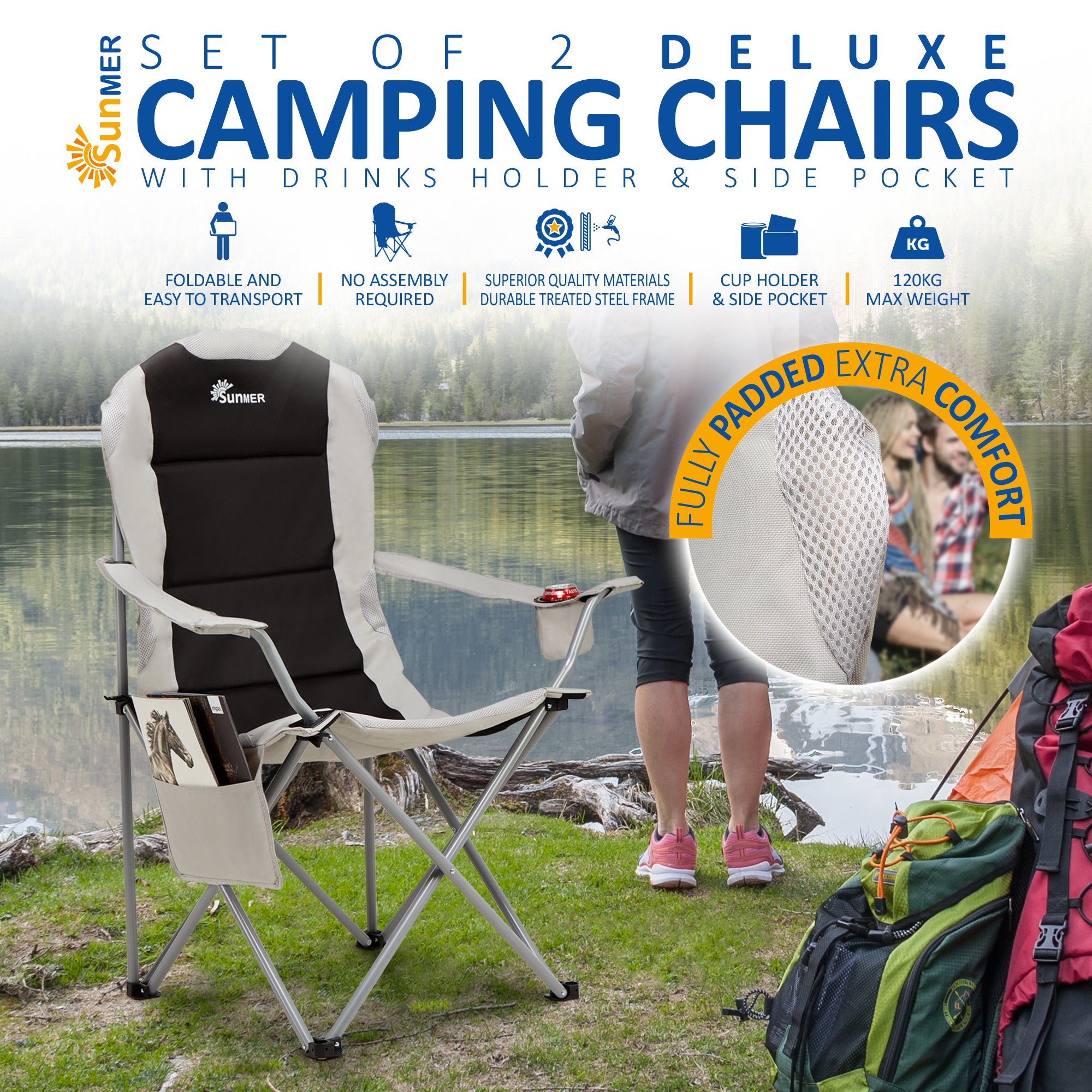 SUNMER Set of 2 Folding Padded Camping Chairs - Black & Grey