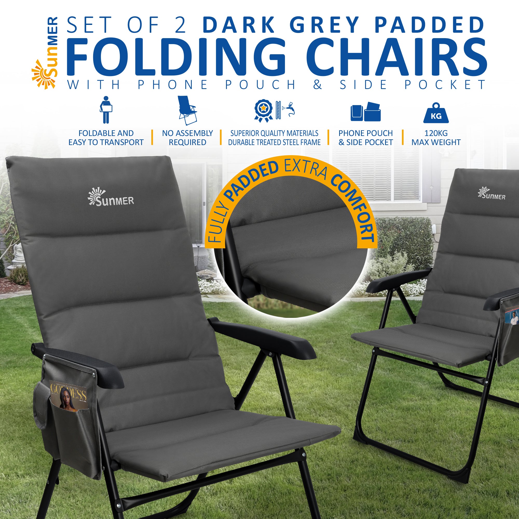 SUNMER Set of 2 Folding Padded Deck Chairs with 5 Reclining Positions