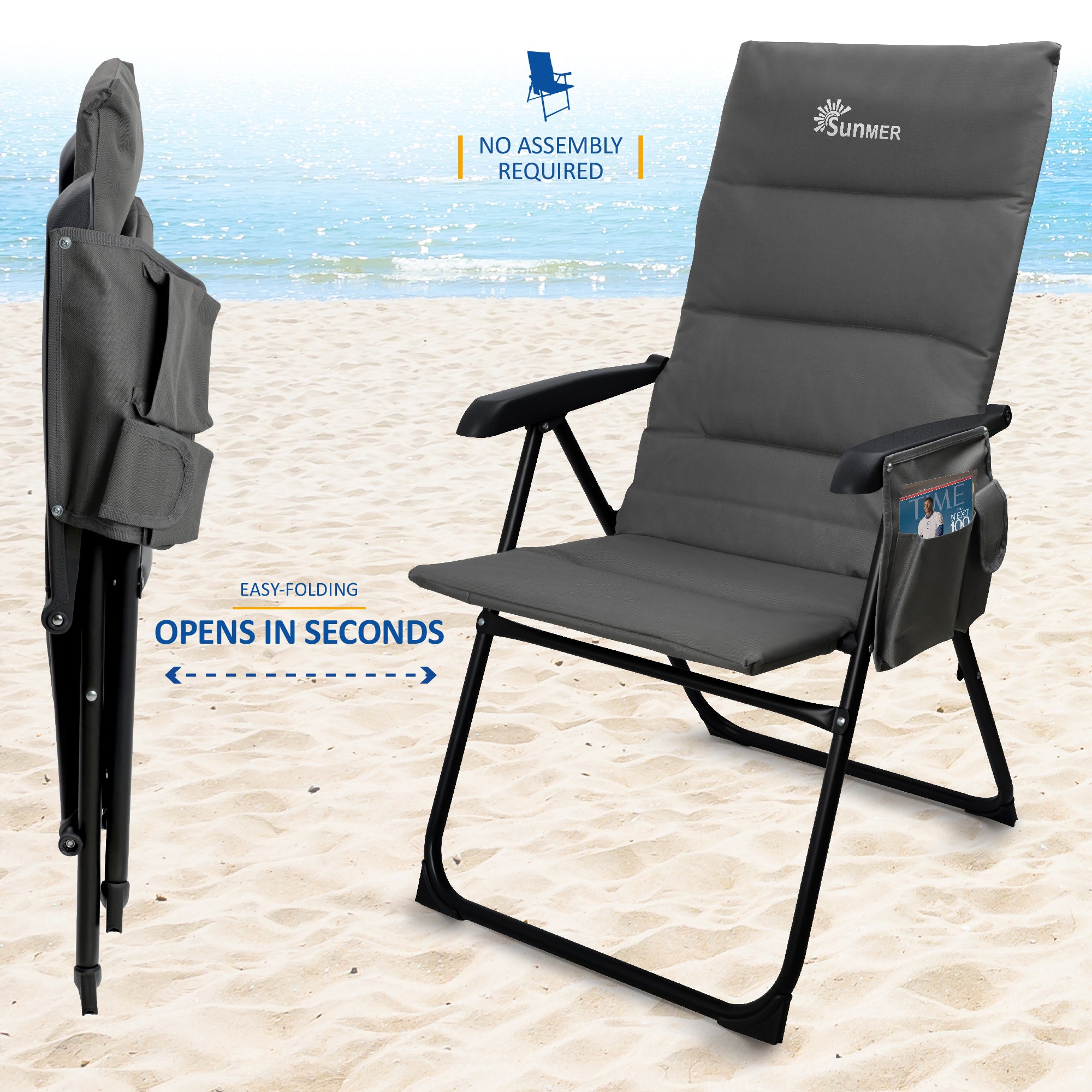 SUNMER Set of 2 Folding Padded Deck Chairs with 5 Reclining Positions