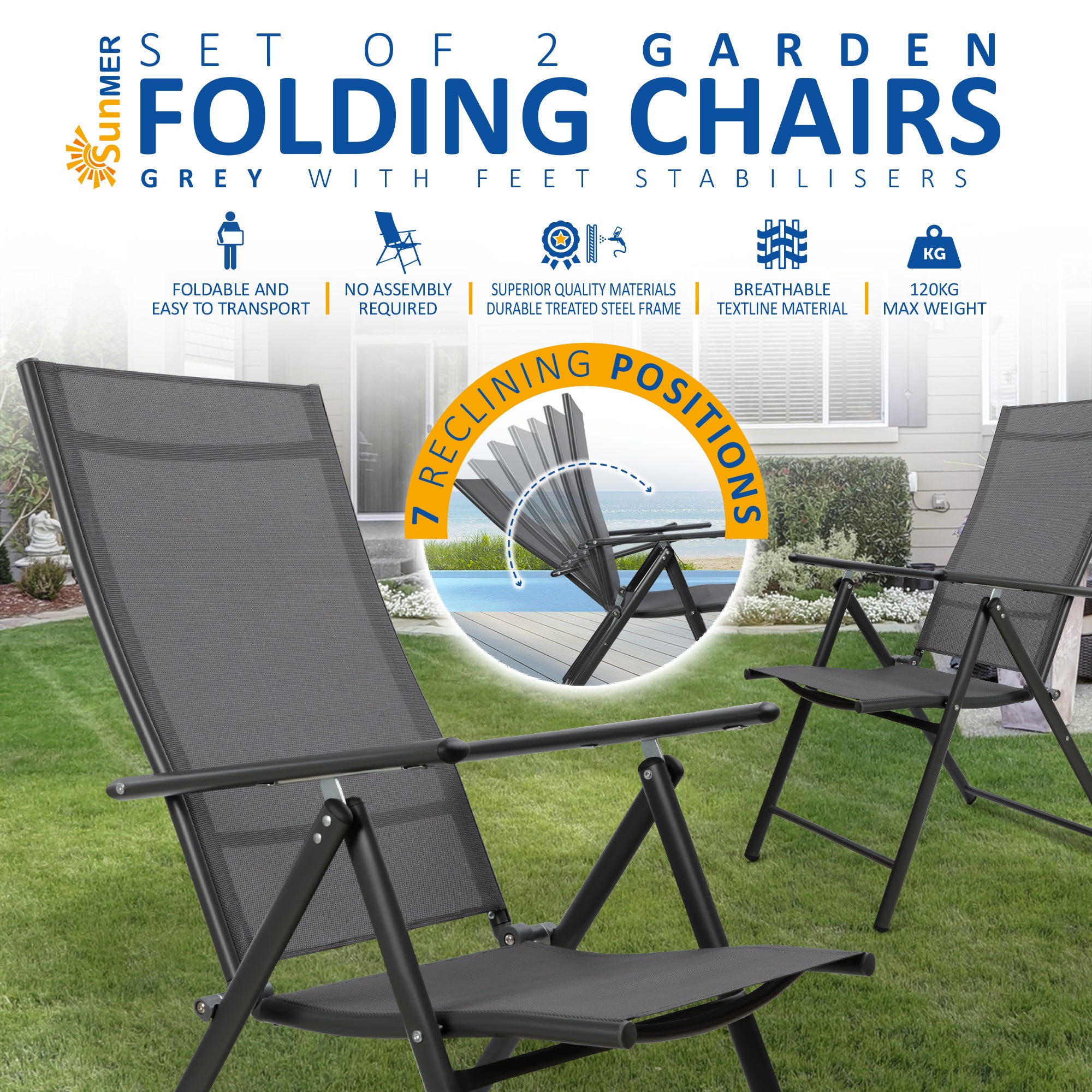 SUNMER Set of 2 Folding Garden Chairs with 7 Reclining Positions