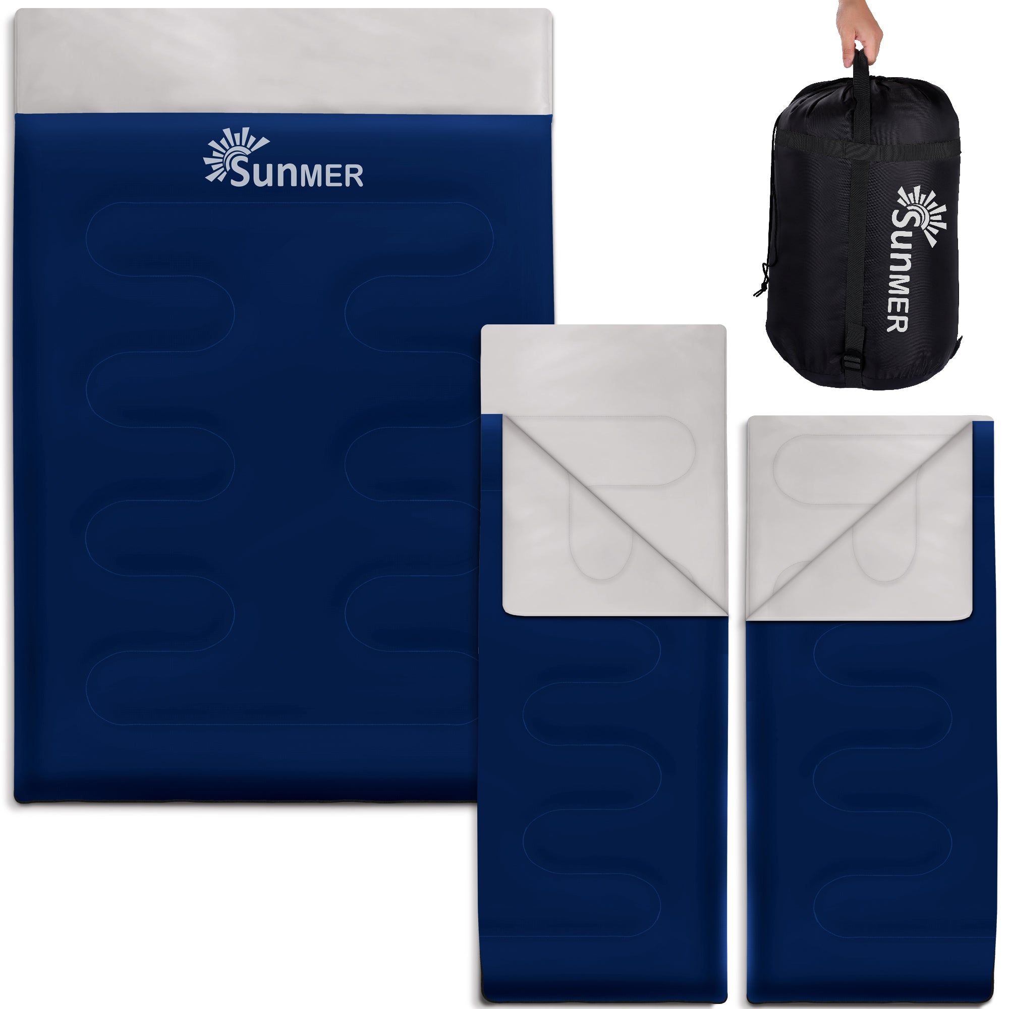 SUNMER Double Sleeping Bag - Converts into 2 Single Sleeping Bags - 4 Season 300gsm - Navy