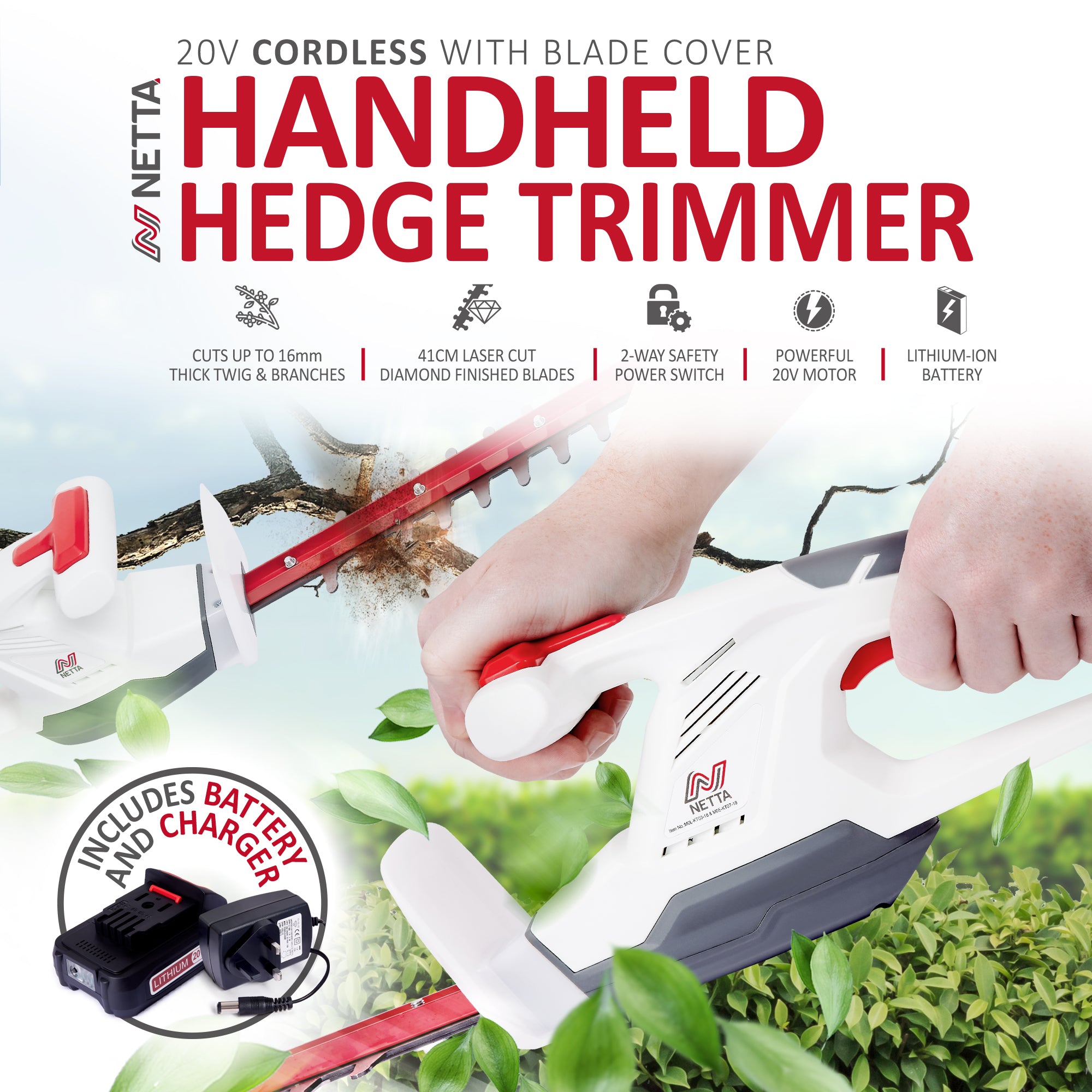 NETTA 20V Cordless Hedge Trimmer & Cutter
