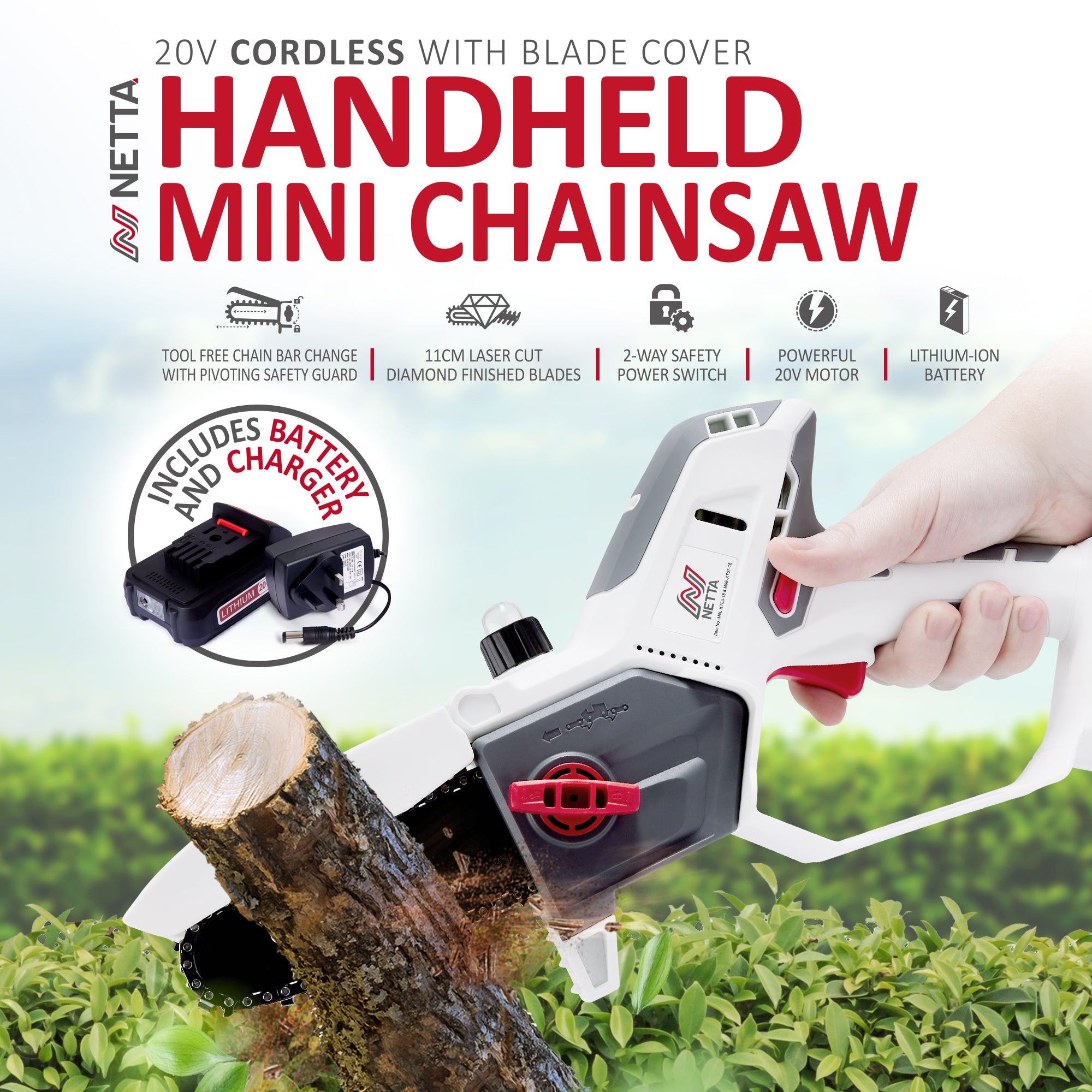 NETTA 20V Cordless Mini Chainsaw - Battery and Charger Included