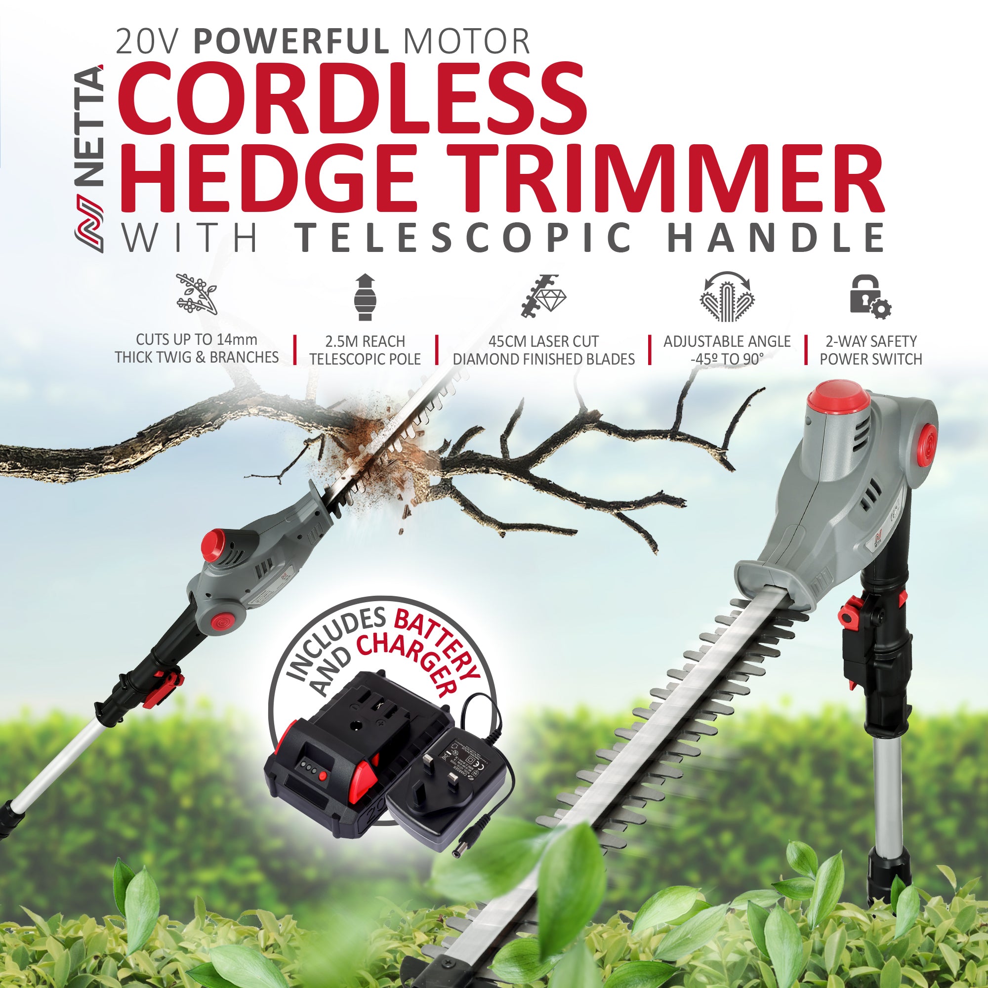 NETTA 20V Cordless Pole Hedge Trimmer