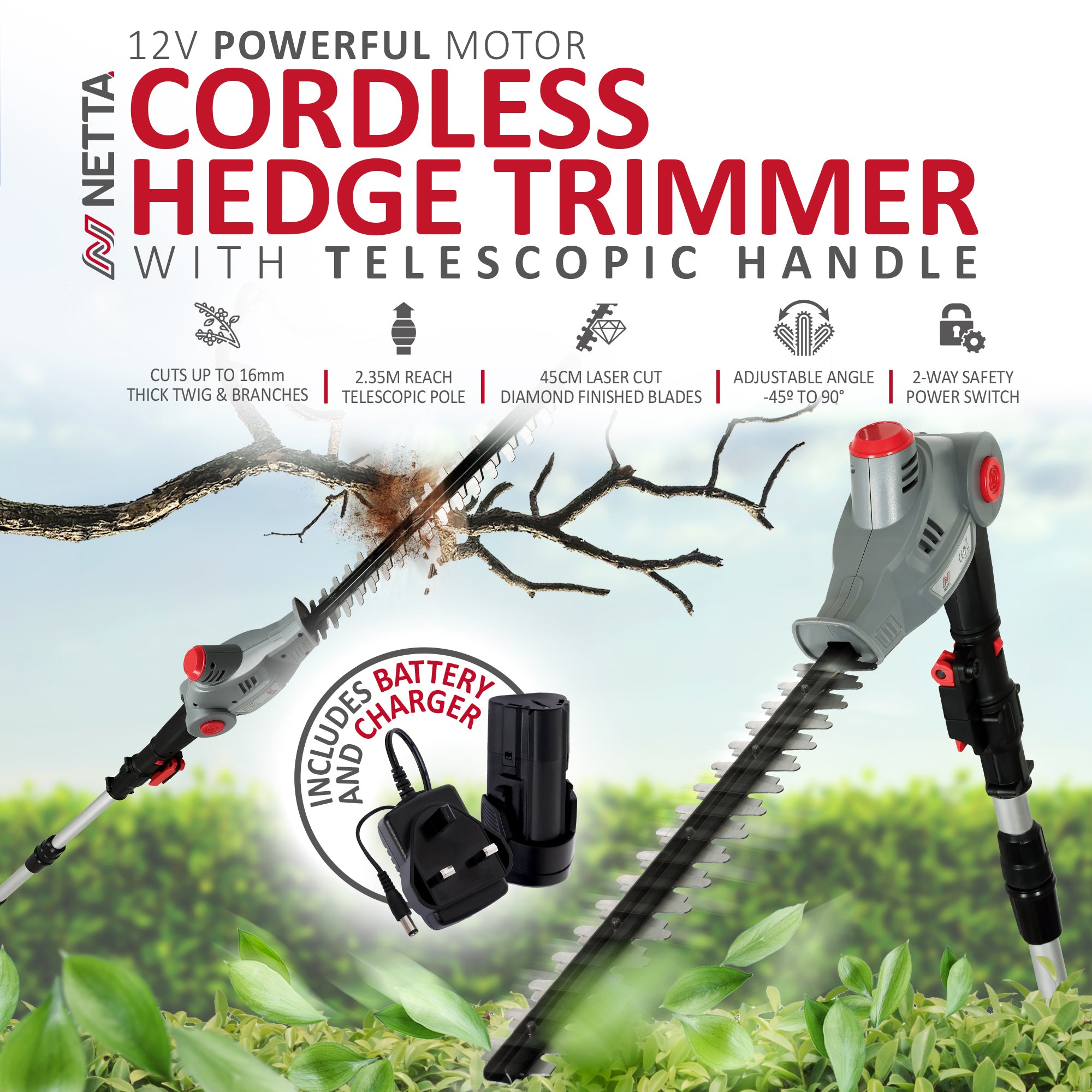 NETTA 12V Cordless Pole Hedge Trimmer